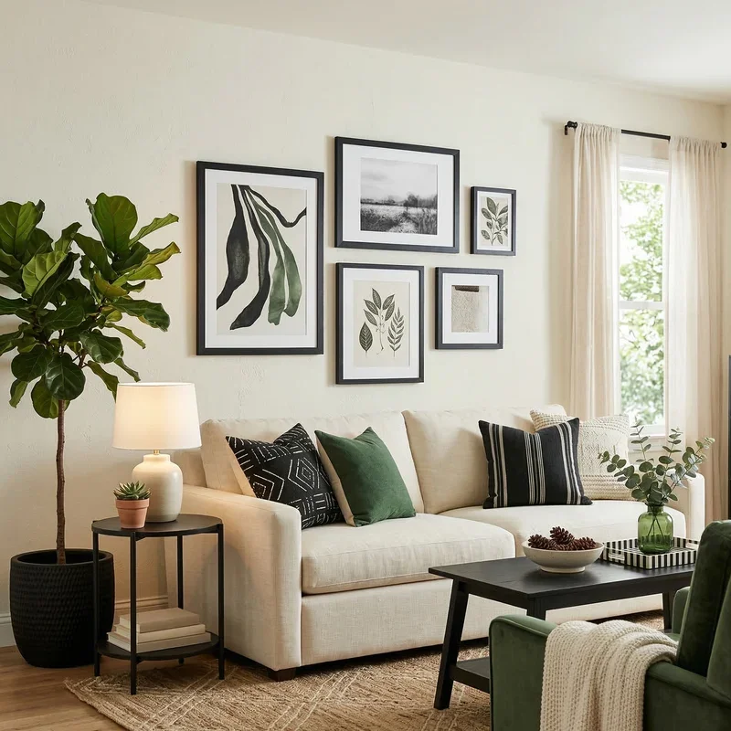 Black Cream and Green Living Room Ideas