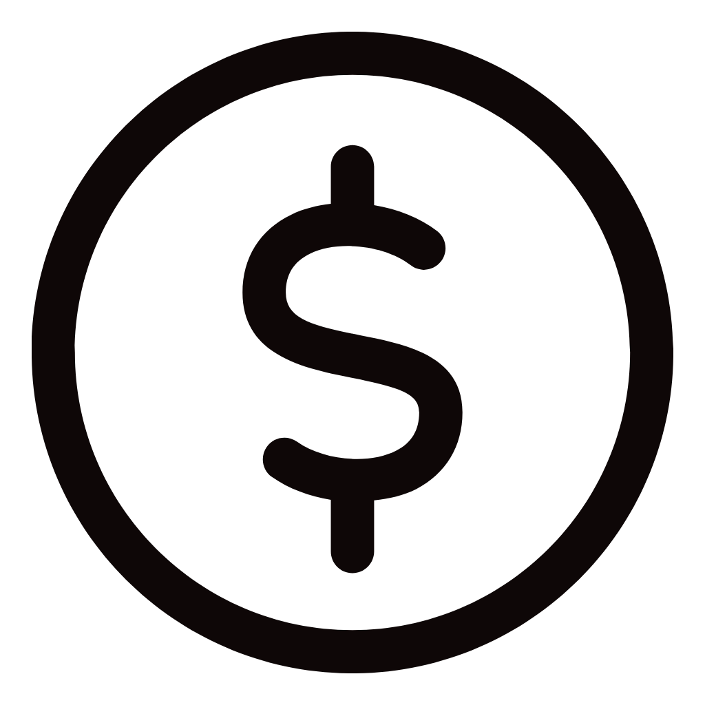 Black and white icon of a dollar sign inside a circle representing money or finance.