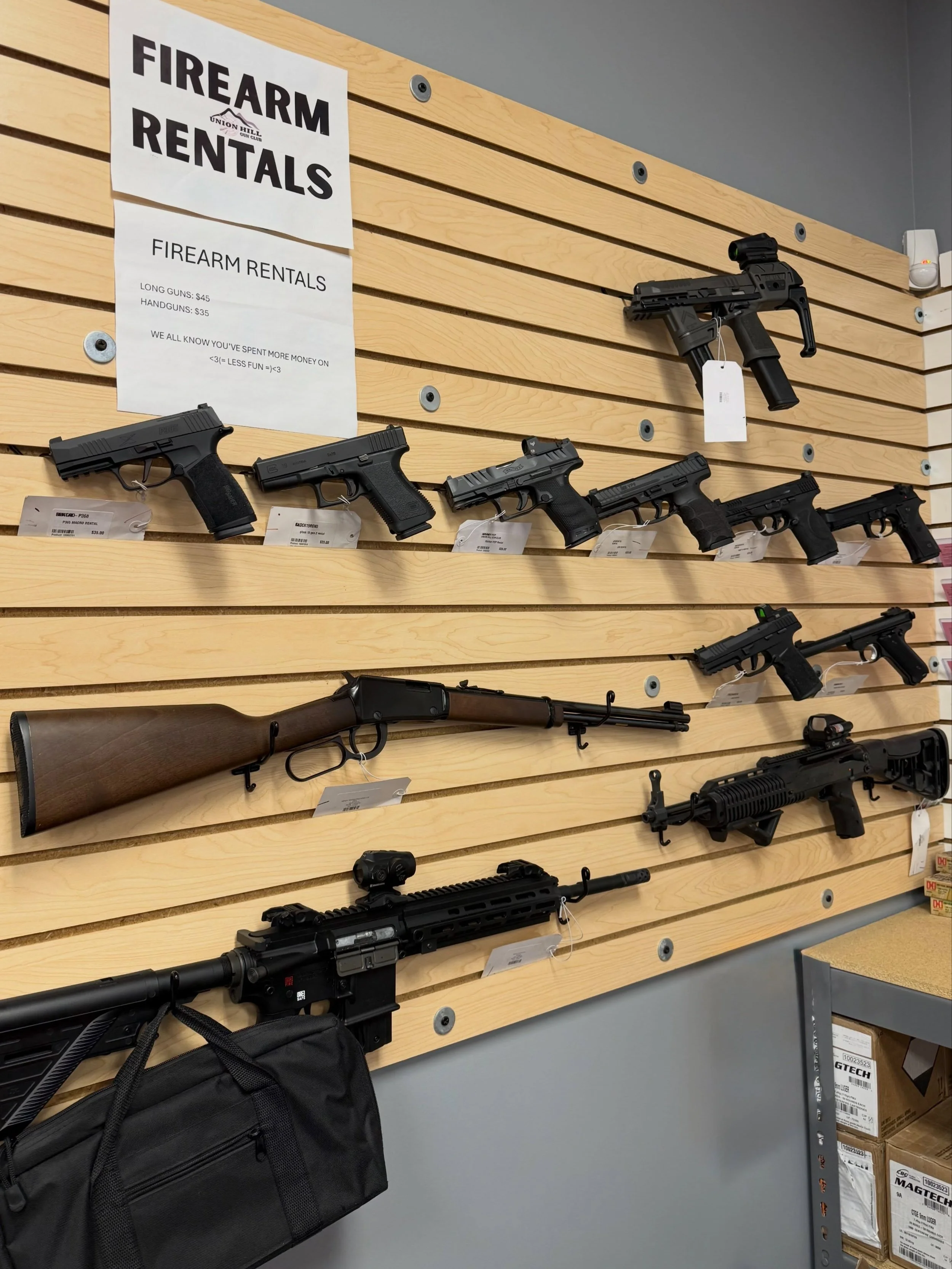 Building the rental wall one piece at a time 🔥 Stay tuned for what&rsquo;s next.
Reminder: rentals are available to members only. We do not rent to the public. Members must own their own firearms.
#unionhillgunclub #firearmsandammo #rangeandstore