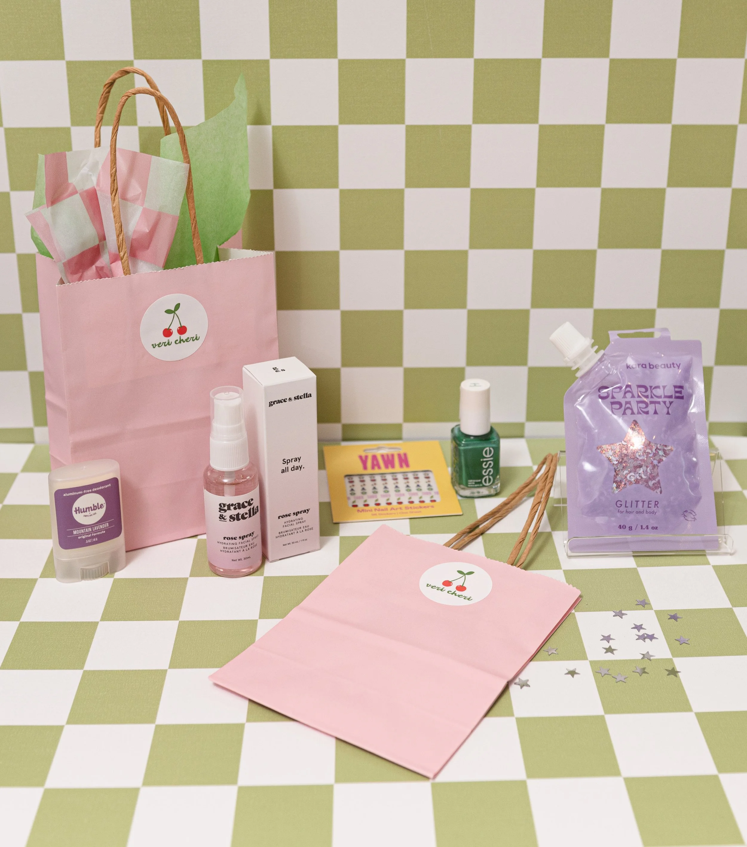 Gift Bag with Self-Care Goodies like Nail Polish, Nail Stickers, Facial Spray, and Hair Glitter