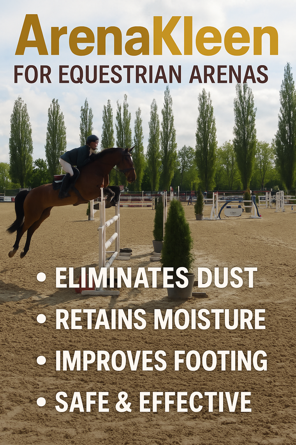 A person riding a horse over a jump in an equestrian arena with trees in the background and promotional text about arena care benefits.