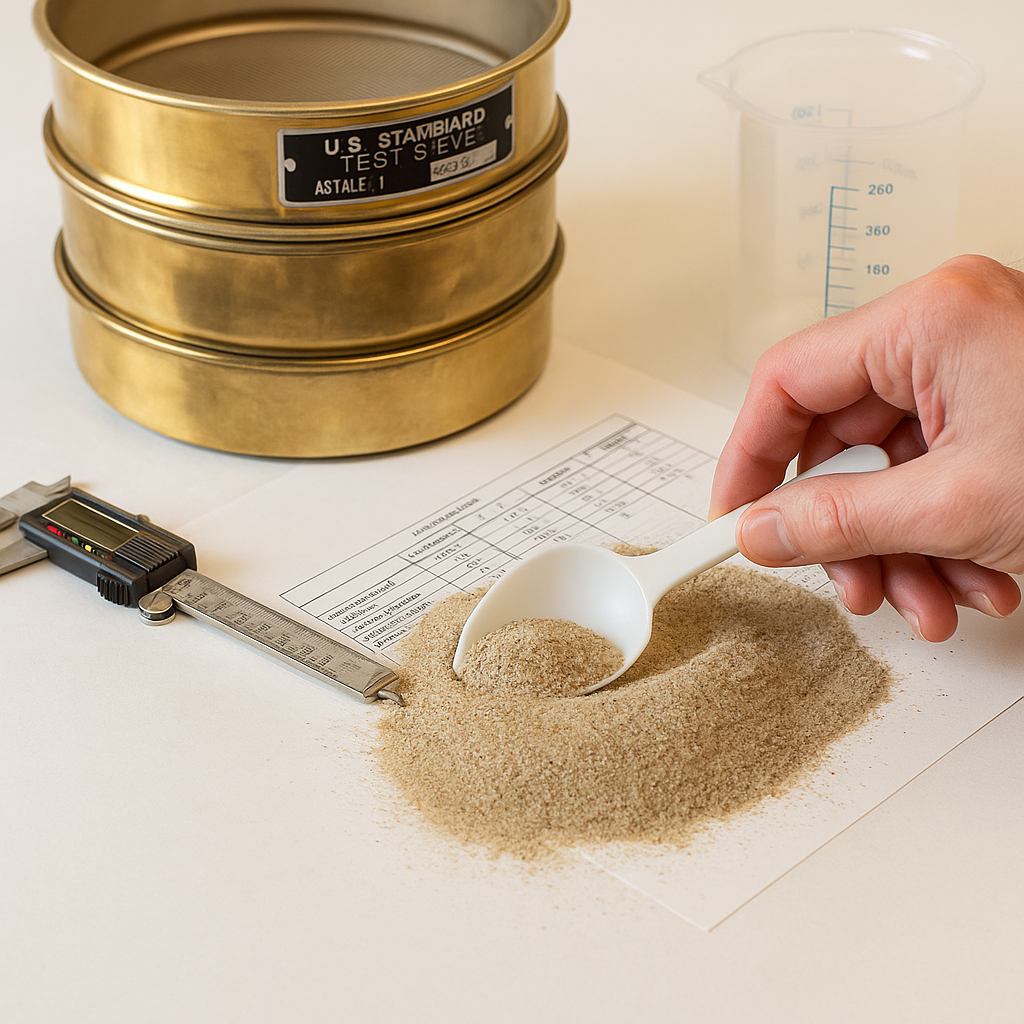Person measuring a granular substance on a white paper with a white scoop, with laboratory equipment like a brass sieve stack, digital caliper, and measuring cup nearby.