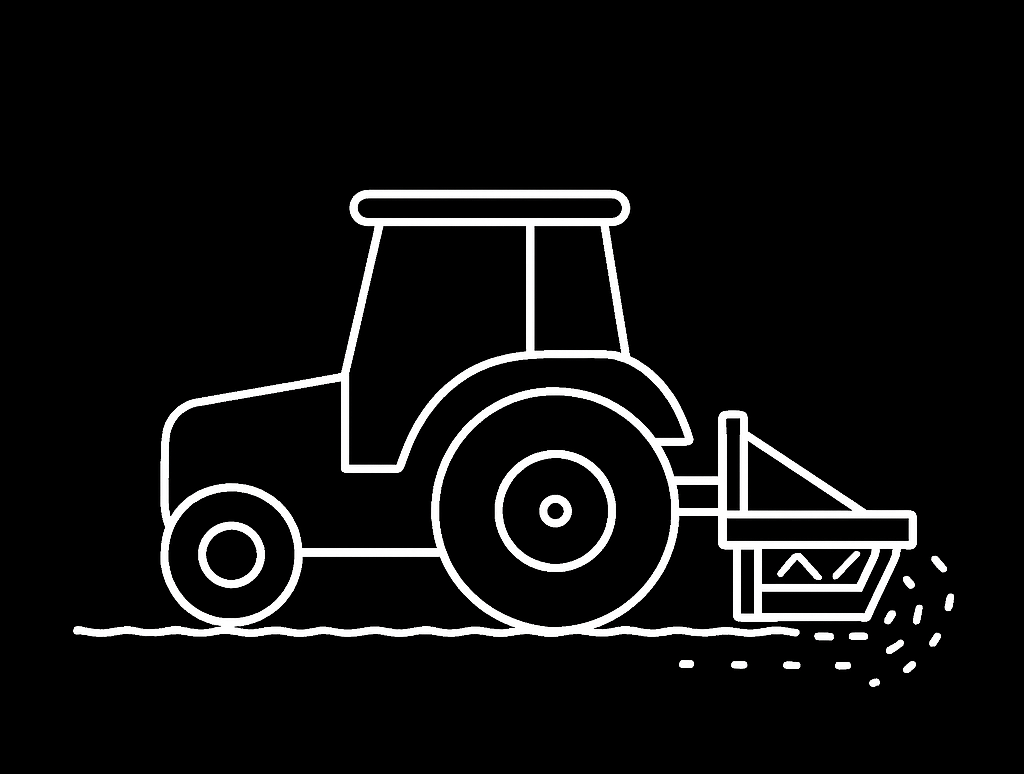 Line drawing of a tractor with a farming implement attached, on a black background.