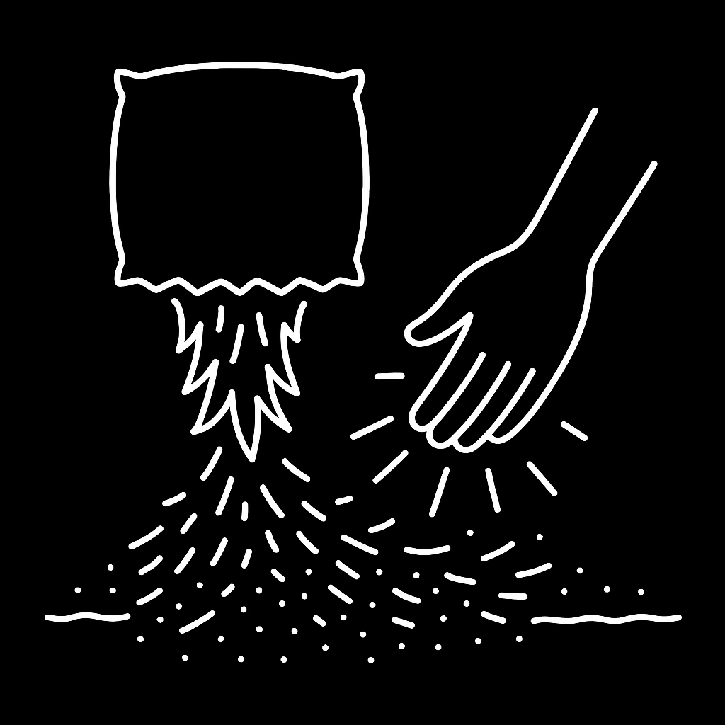 Line drawing of a person's hand washing a towel and some fabric or clothing with water dripping from a container, on a black background.
