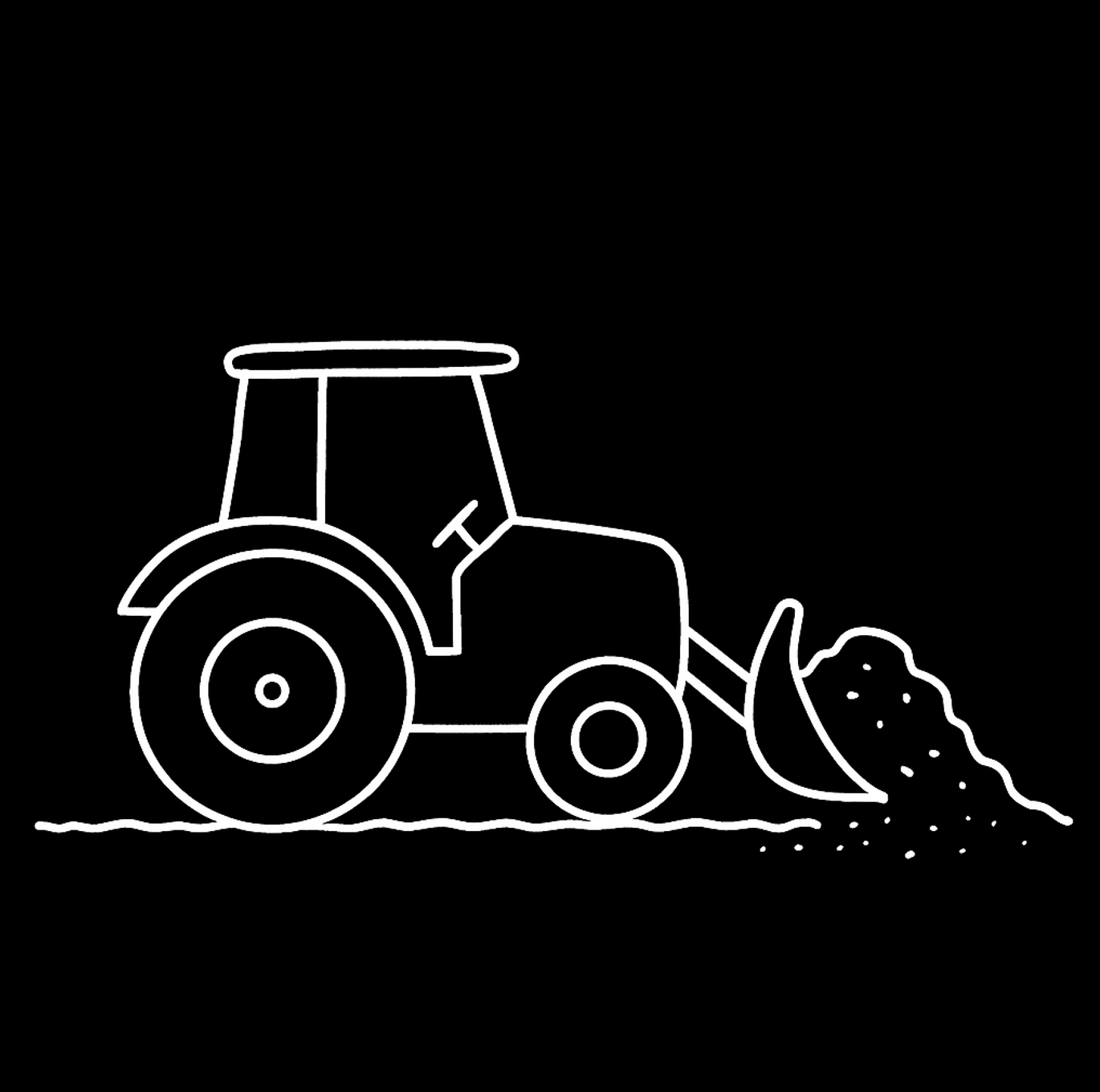 White outline drawing of a tractor with a front loader and pile of soil on a black background.