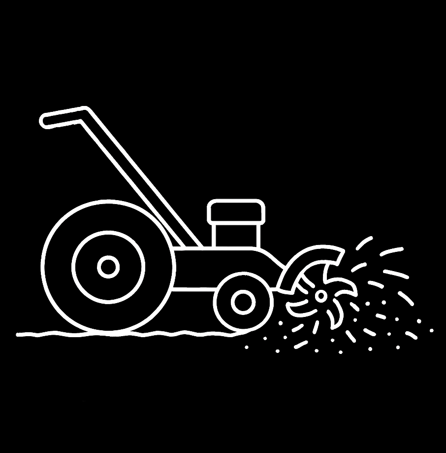 Line drawing of a lawn mower, with grass being cut and clippings ejecting from the side.