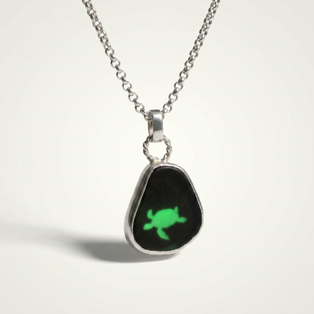 Sea Turtle Green Van Gogh Sea Glass Pendant 25N