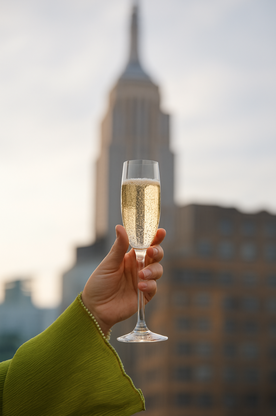 A hand holding a glass of champagne in front of the blurred Empire State Building.