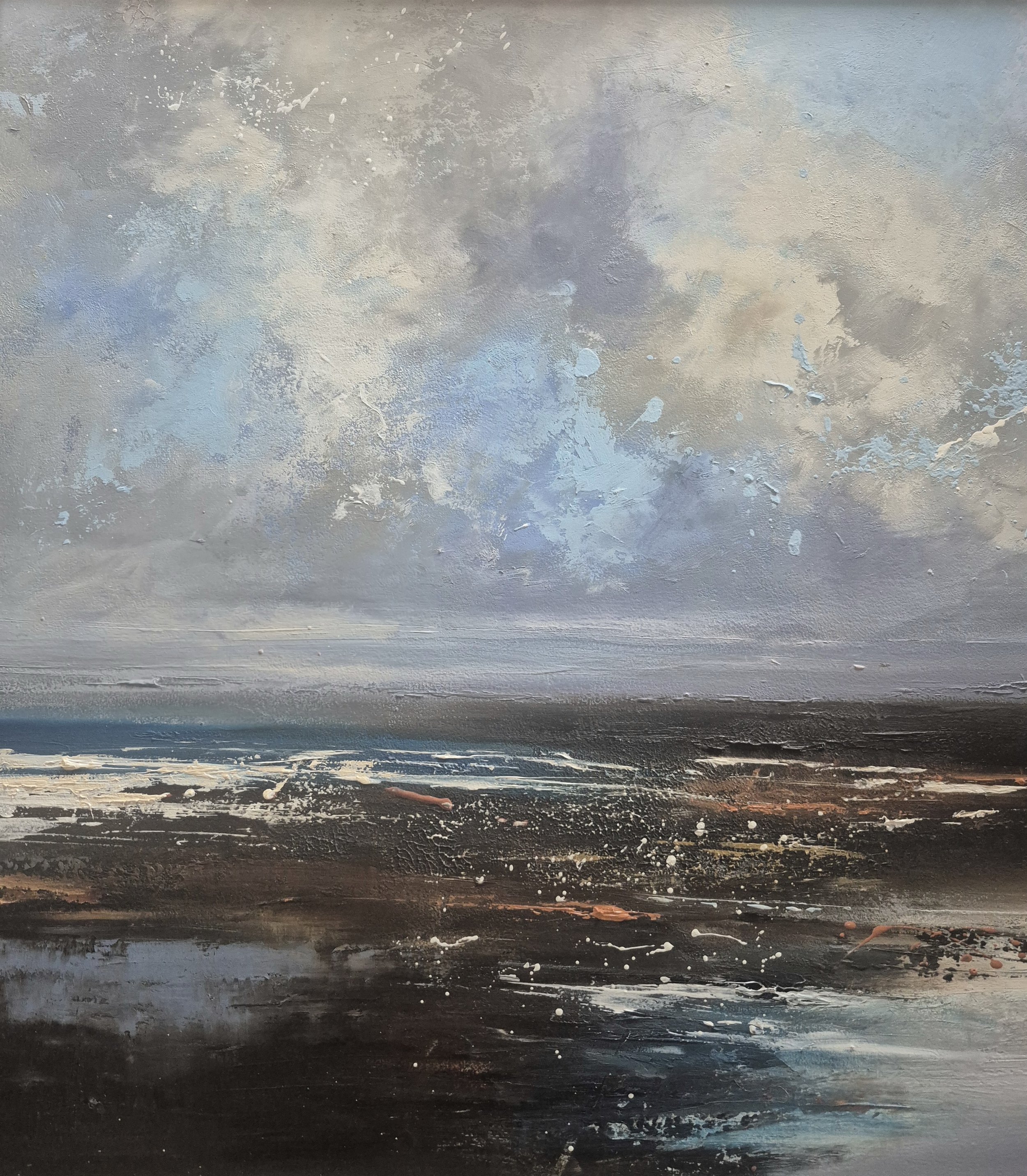 Framed oil on cradled panel measuring 50x50cm with framed dimensions of 60x60cm. A large dramatic seascape capturing the atmosphere of the Irish coast.