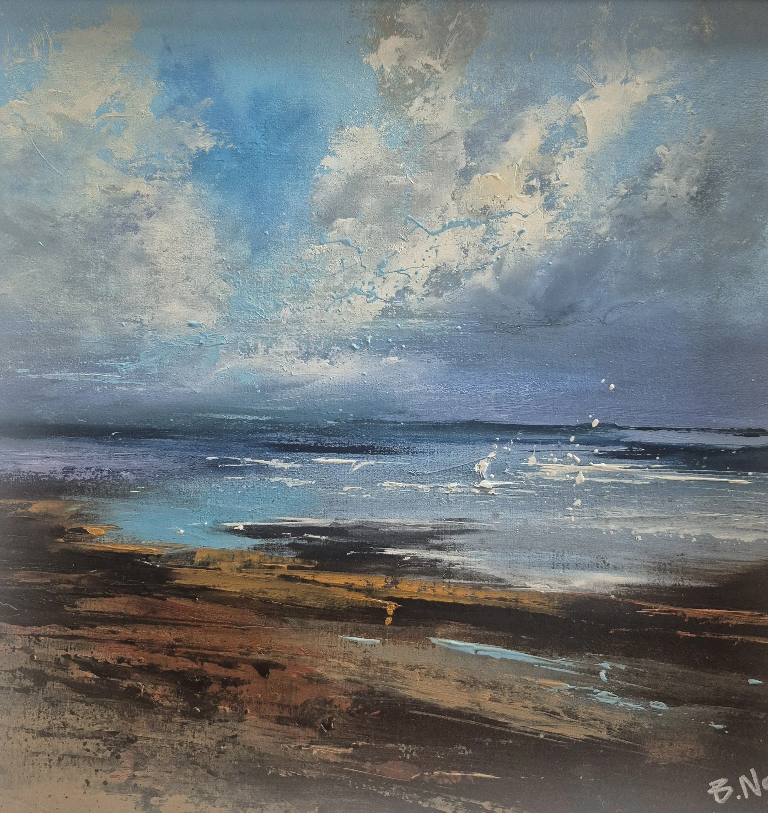 Framed oil on board, 30x30cm off the Connemara Coast. glittering light reflects off the water along the rocky coastline.  Framed dimensions are 40x40cm.