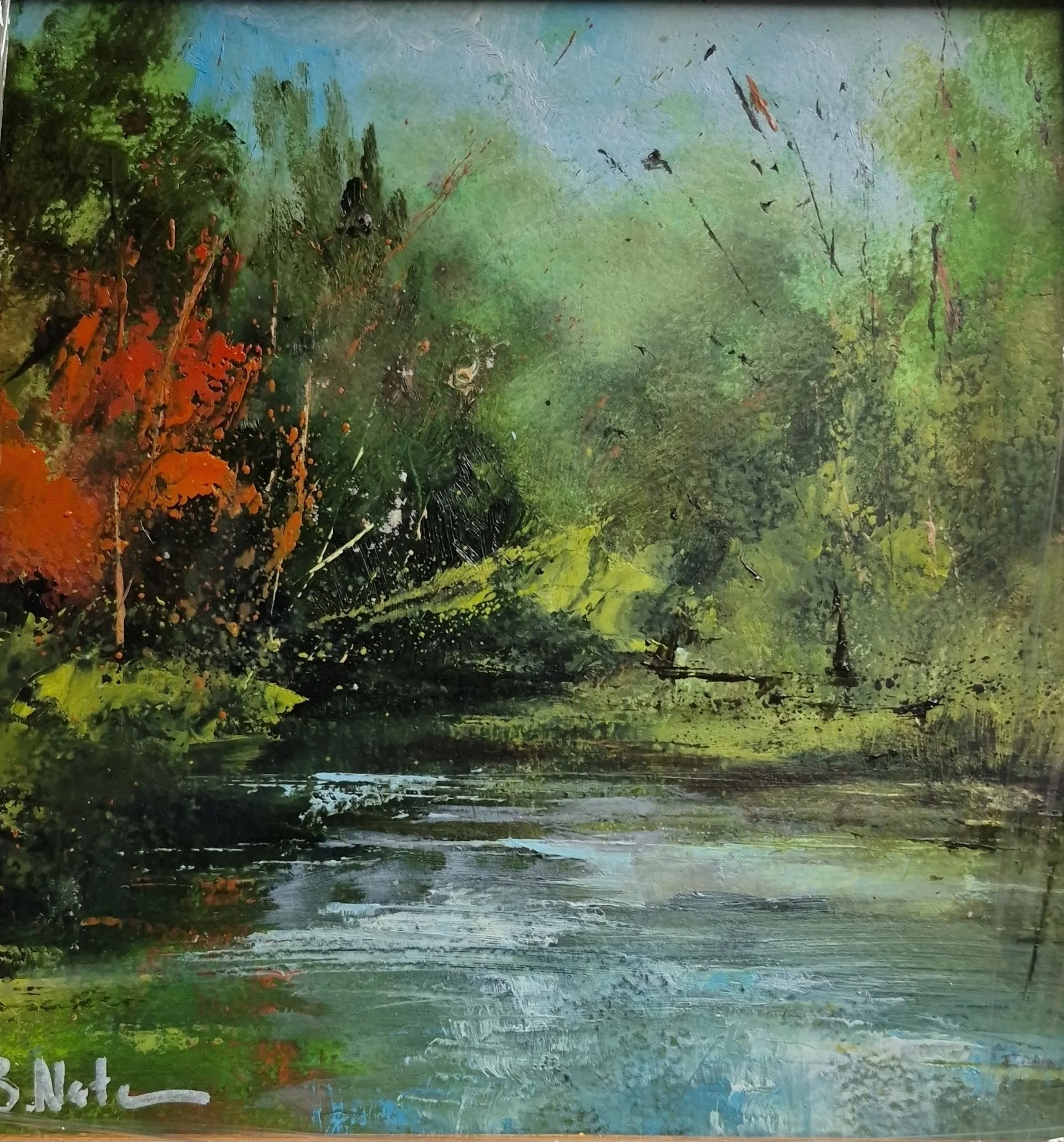 Framed autumnal landscape oil on panel, 25x30cm.