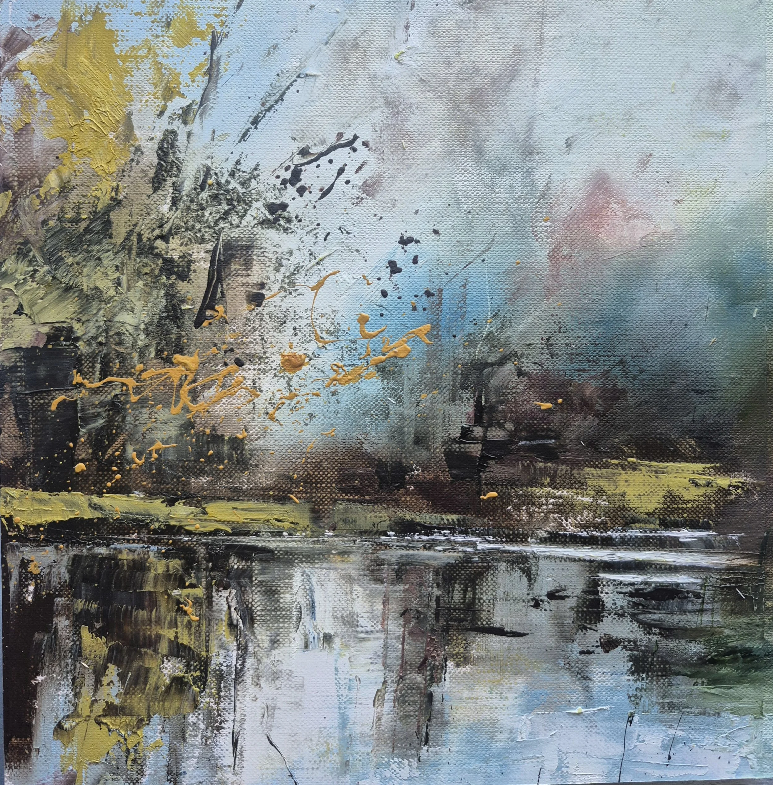 Small framed oil painting on board 18x18cm. An impression of the changing seasons along the river. Framed dimensions 30x30cm.