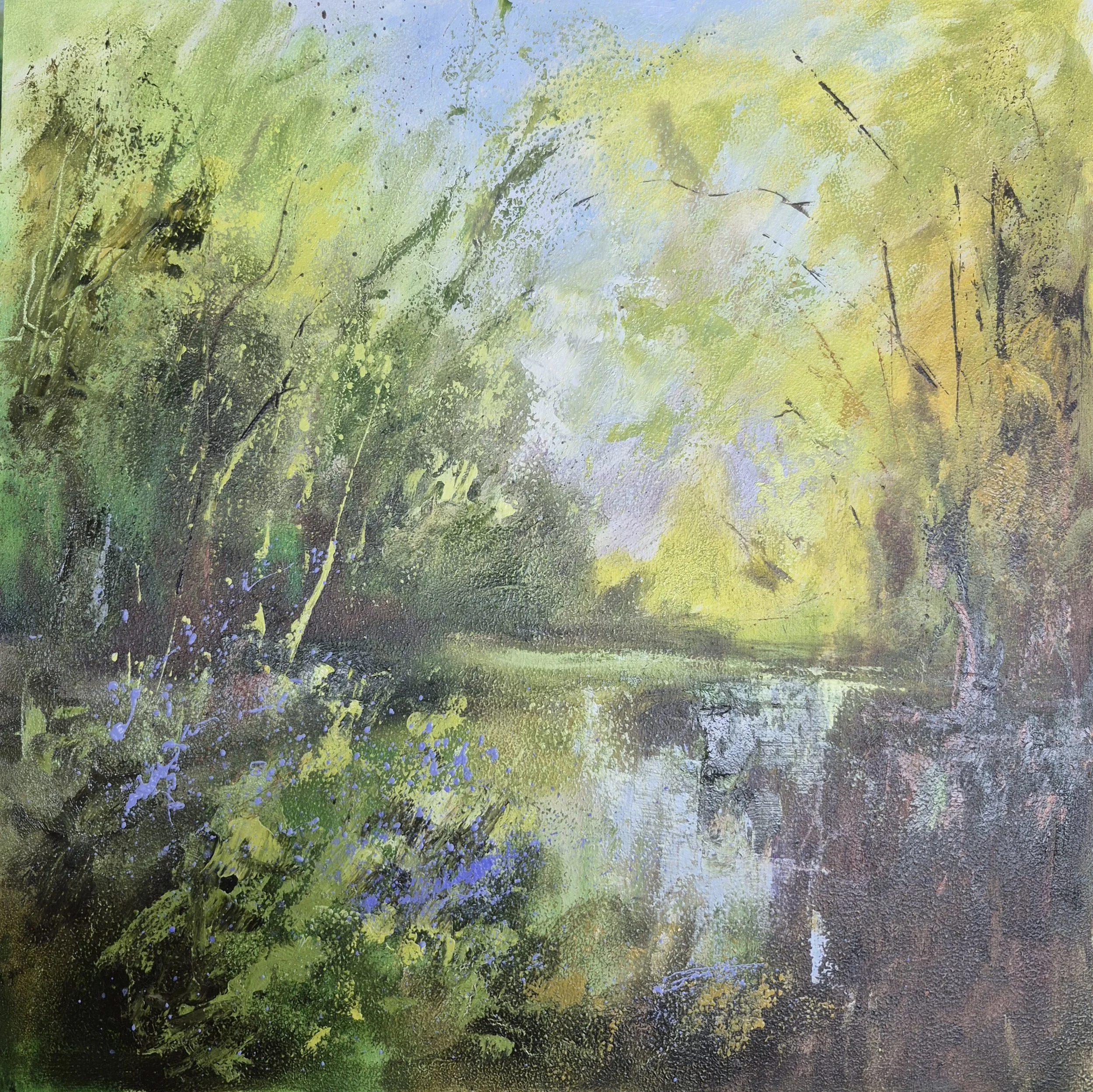 This framed oil on board of an Irish bluebell woodland. The painting is 30x20cm and framed dimensions are 30x30cm. in
