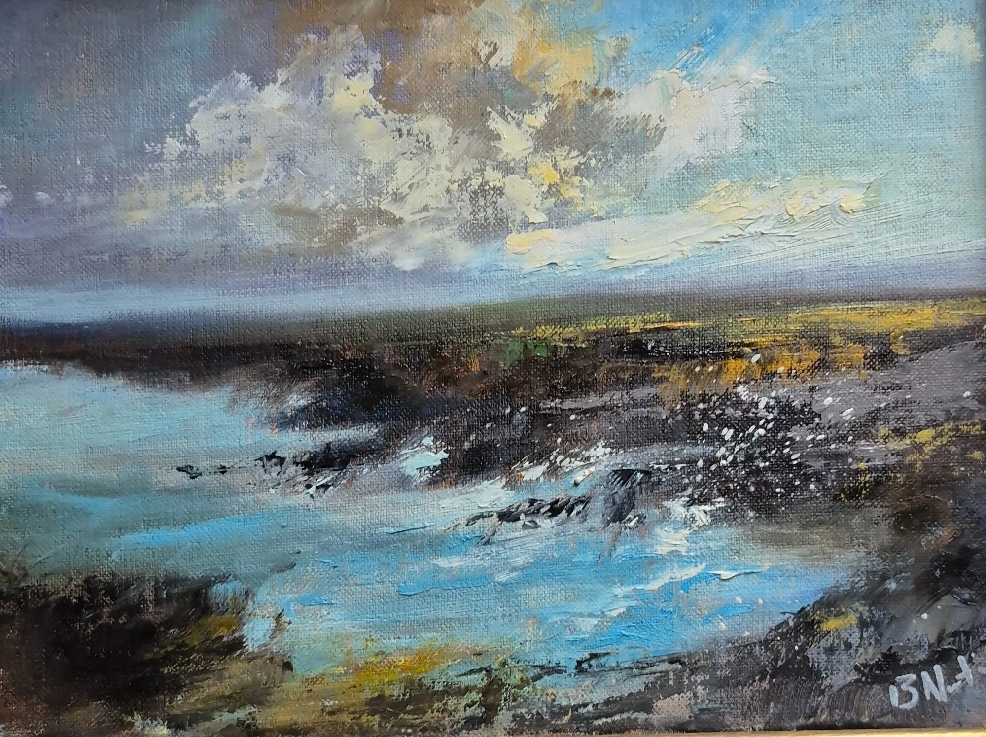 Framed seascape oil on panel of the coast off the Hook peninsula. 25x30cm. Framed dimensions 32x37cm