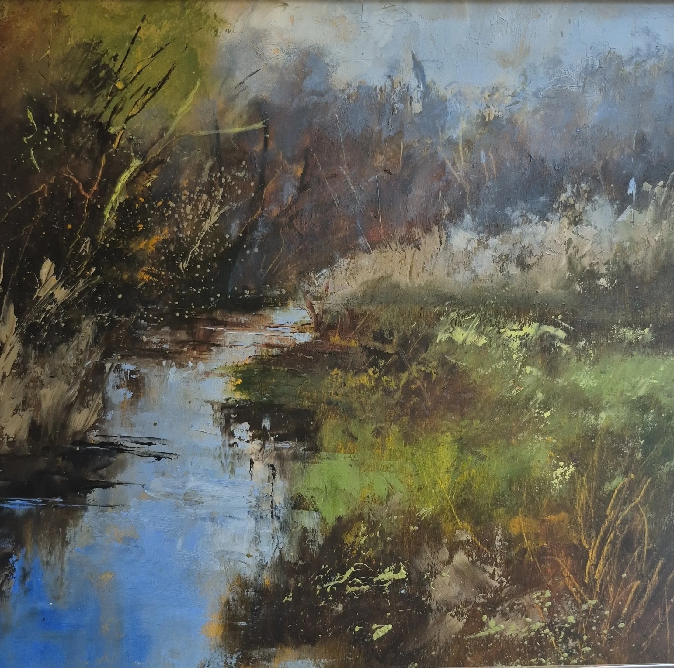 Framed oil on panel 30x30cm. Early spring with the mists rising off the river. Framed dimensions 40x40cm. Contact Brock Butler for details.