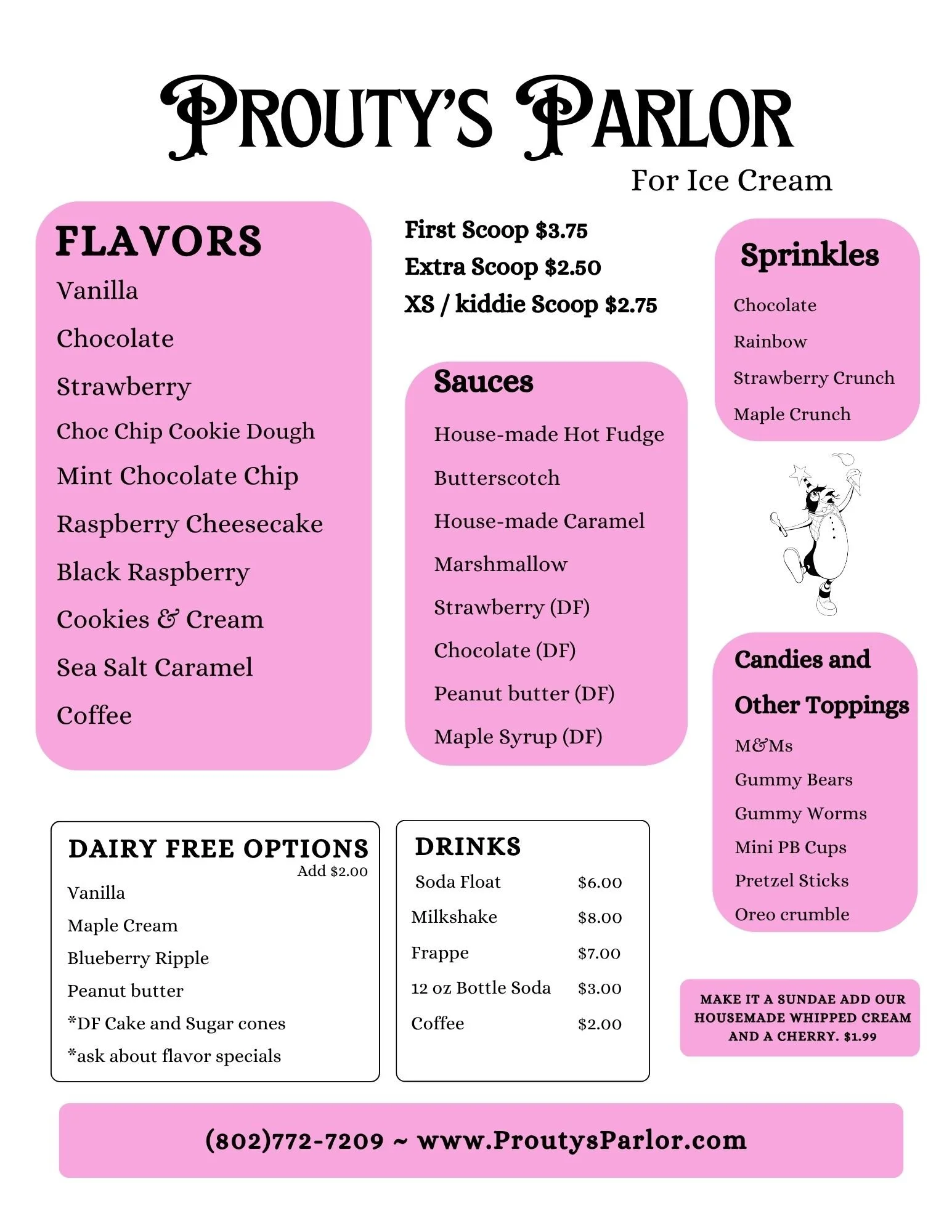 Prouty's Parlor flavors & toppings