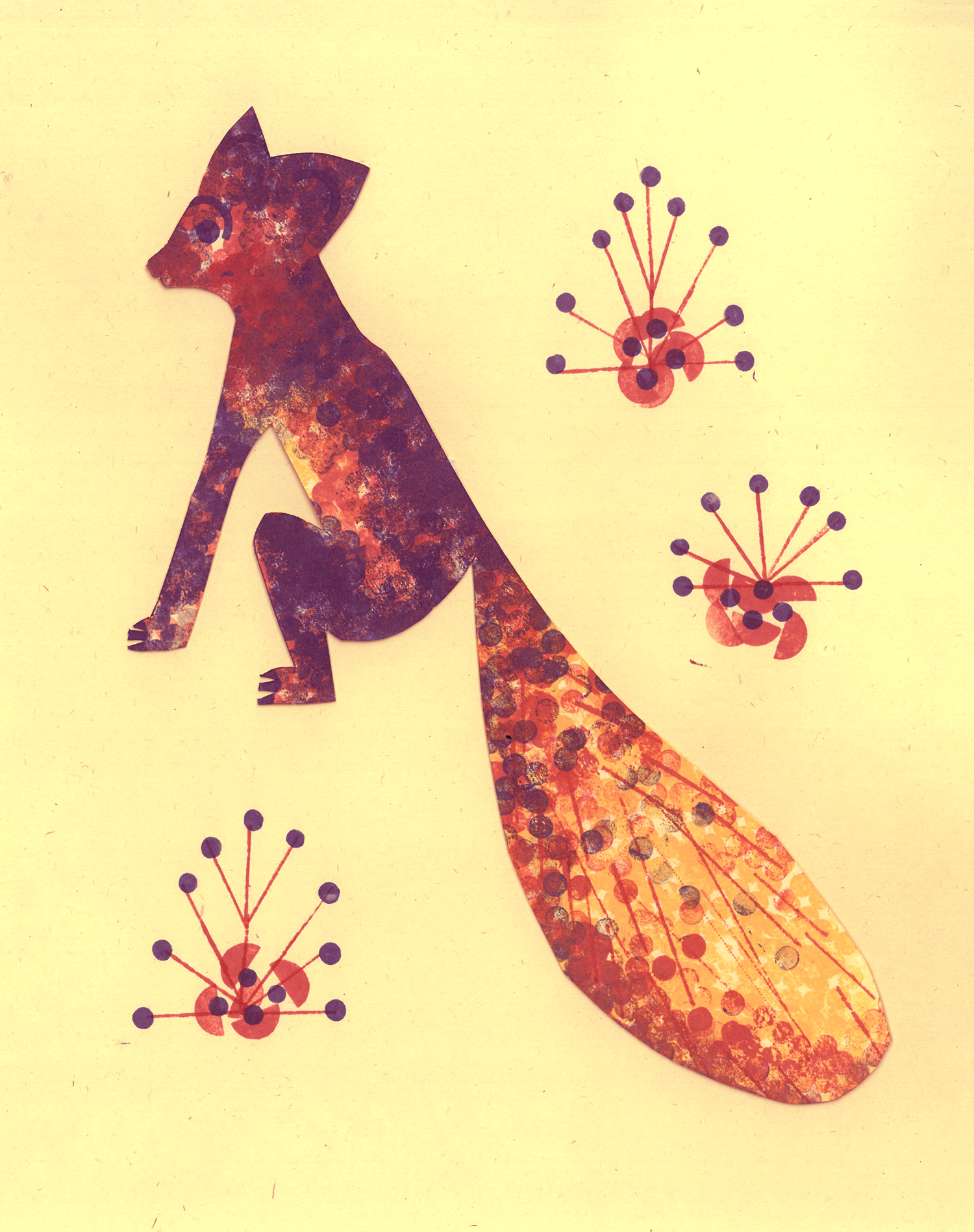 A collage art of a stylized dog with a long neck and tail, made from textured orange and purple patterned paper, against a light yellow background with abstract purple floral designs.
