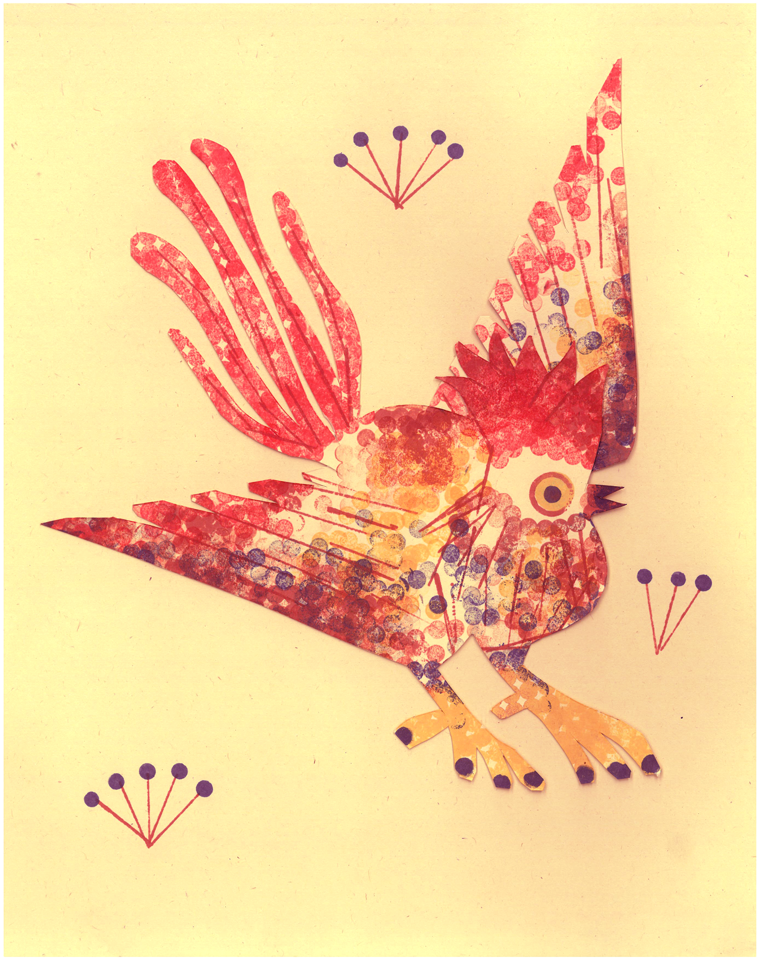 A colorful paper collage of a bird, with intricate patterns and cutouts, on a plain background.