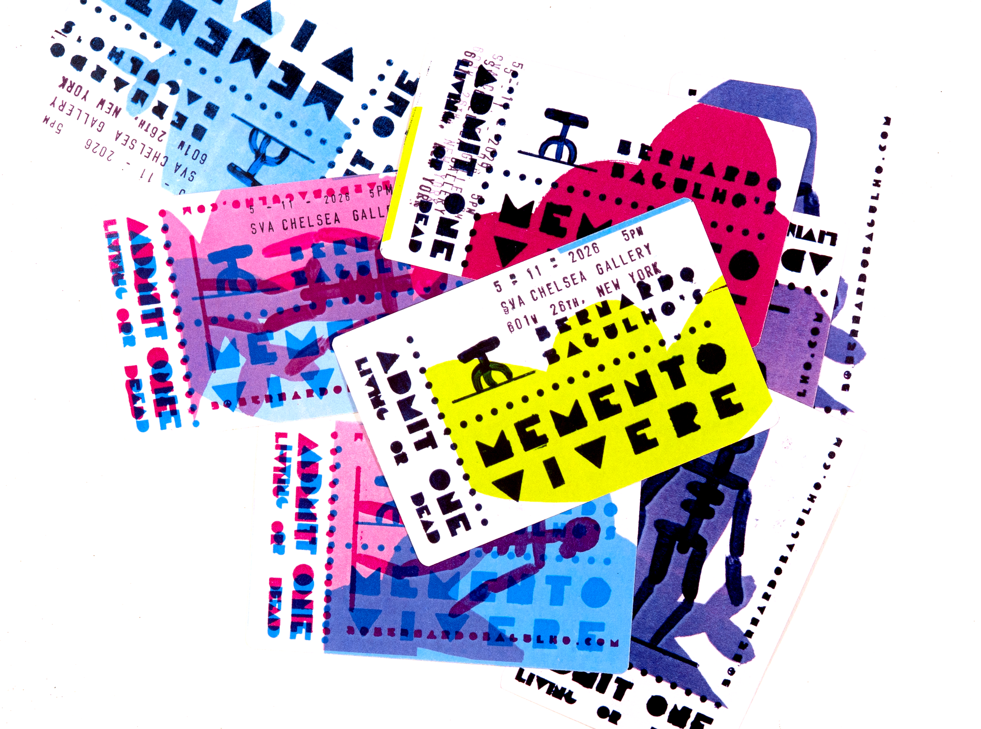 Multiple colorful tickets with various designs, text, and symbols layered on top of each other.