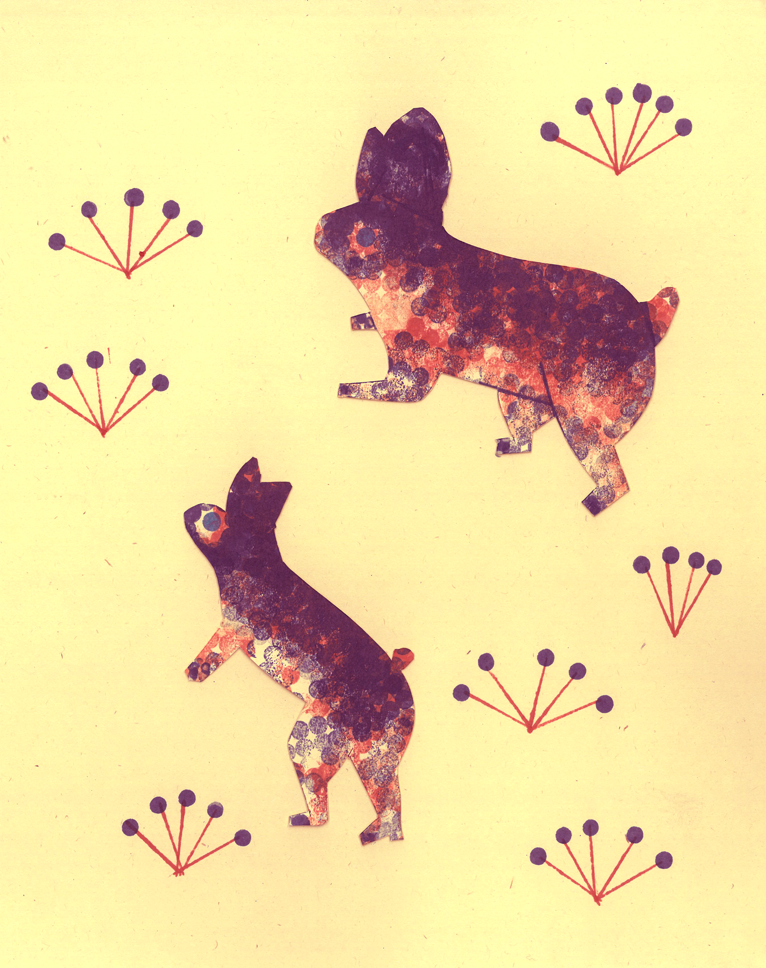 Illustration of three dogs made from textured, colorful paper cutouts, set against a yellow background with small, purple, flower-like designs.