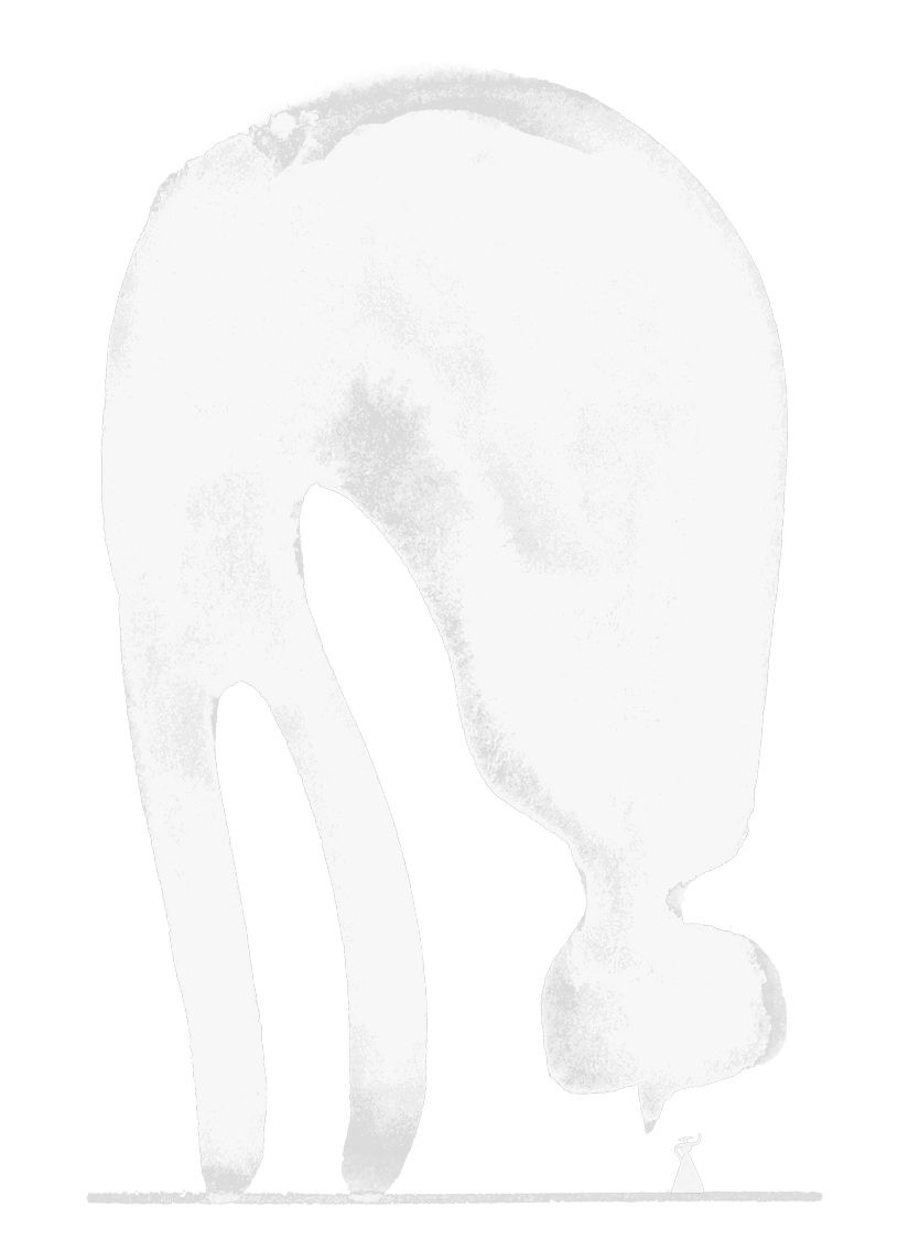 A small person standing next to a large, abstract sculpture that resembles a whale.