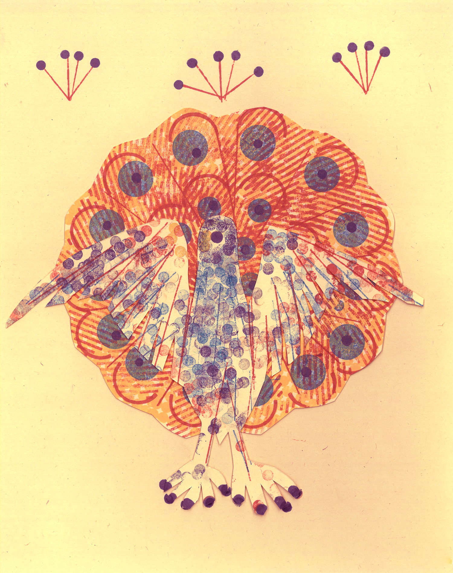 A collage of a colorful bird with a patterned body and large blue eye circles, made from cutouts on a yellow background.