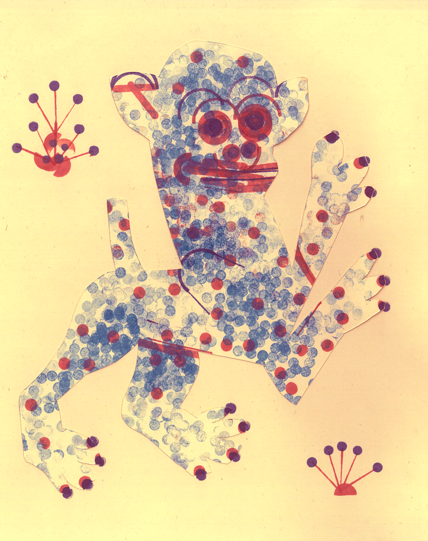A collage artwork featuring a large smiling clown face with red and purple circular eyes, a red nose, and a wide red smile, made from multicolored paper dots. The clown has two big ears and is holding a white hand with five fingers. Two smaller abstr