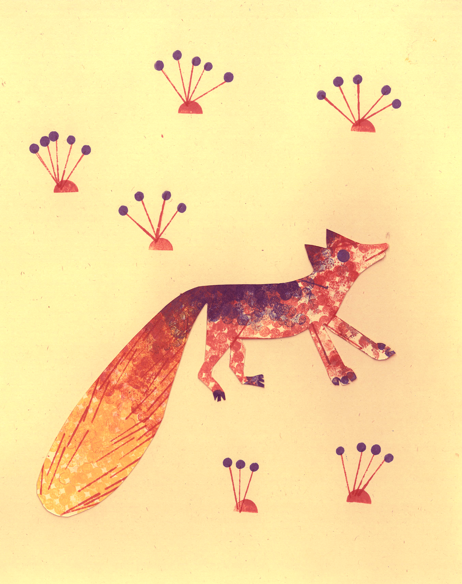 A colorful illustration of a fox with a long tail and four trees with purple tops on a yellow background.