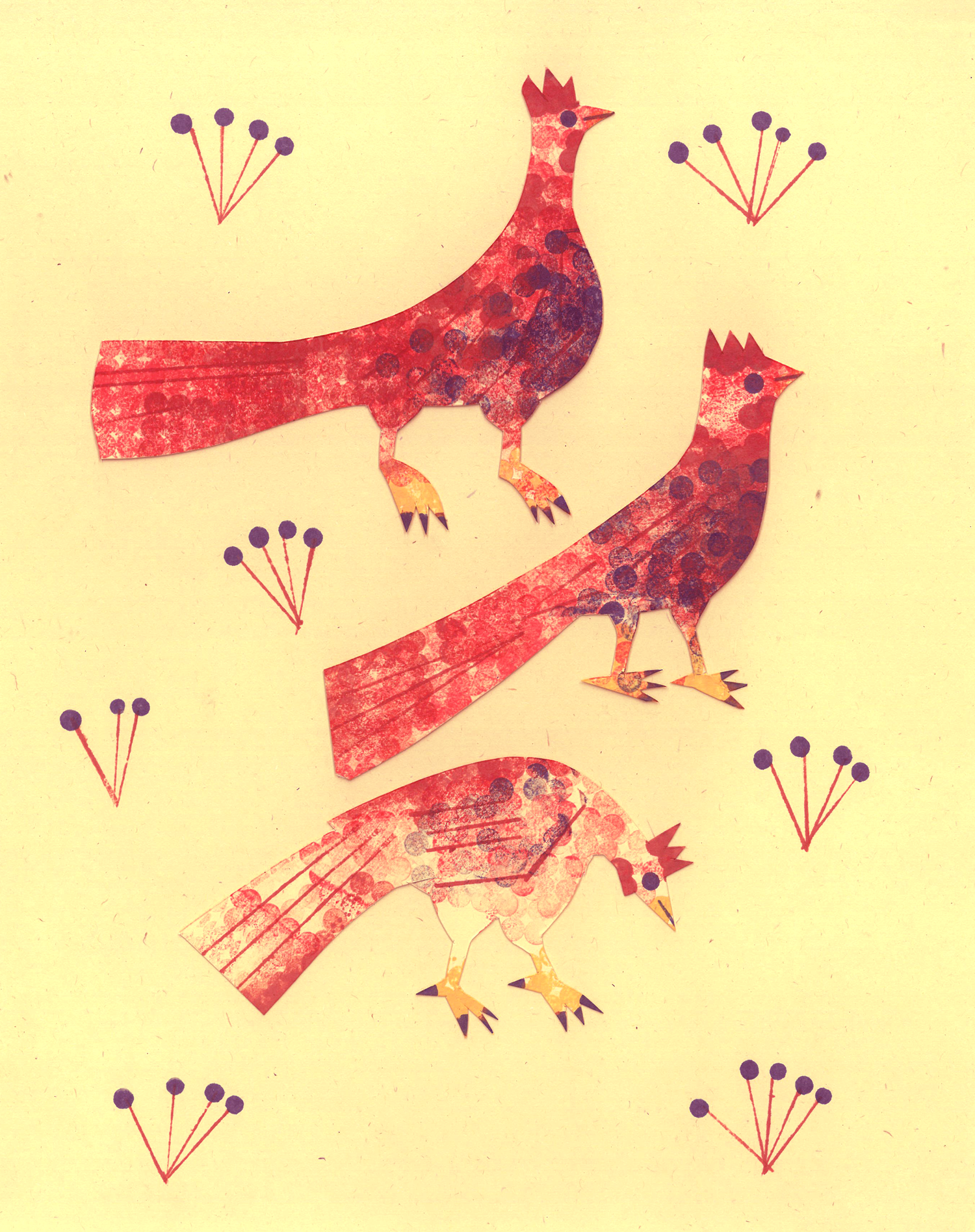 Paper collage of three stylized red birds with yellow beaks and black claws, and small purple flowers with long red stems, set against a light yellow background.