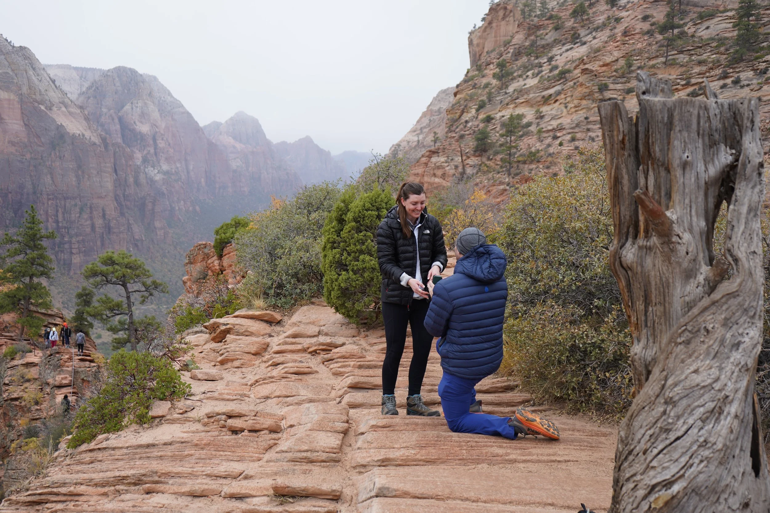 A young woman on bended knee proposing to a young man on a trail in a scenic canyon landscape with mountains, trees, and shrubs, during daytime with overcast skies.