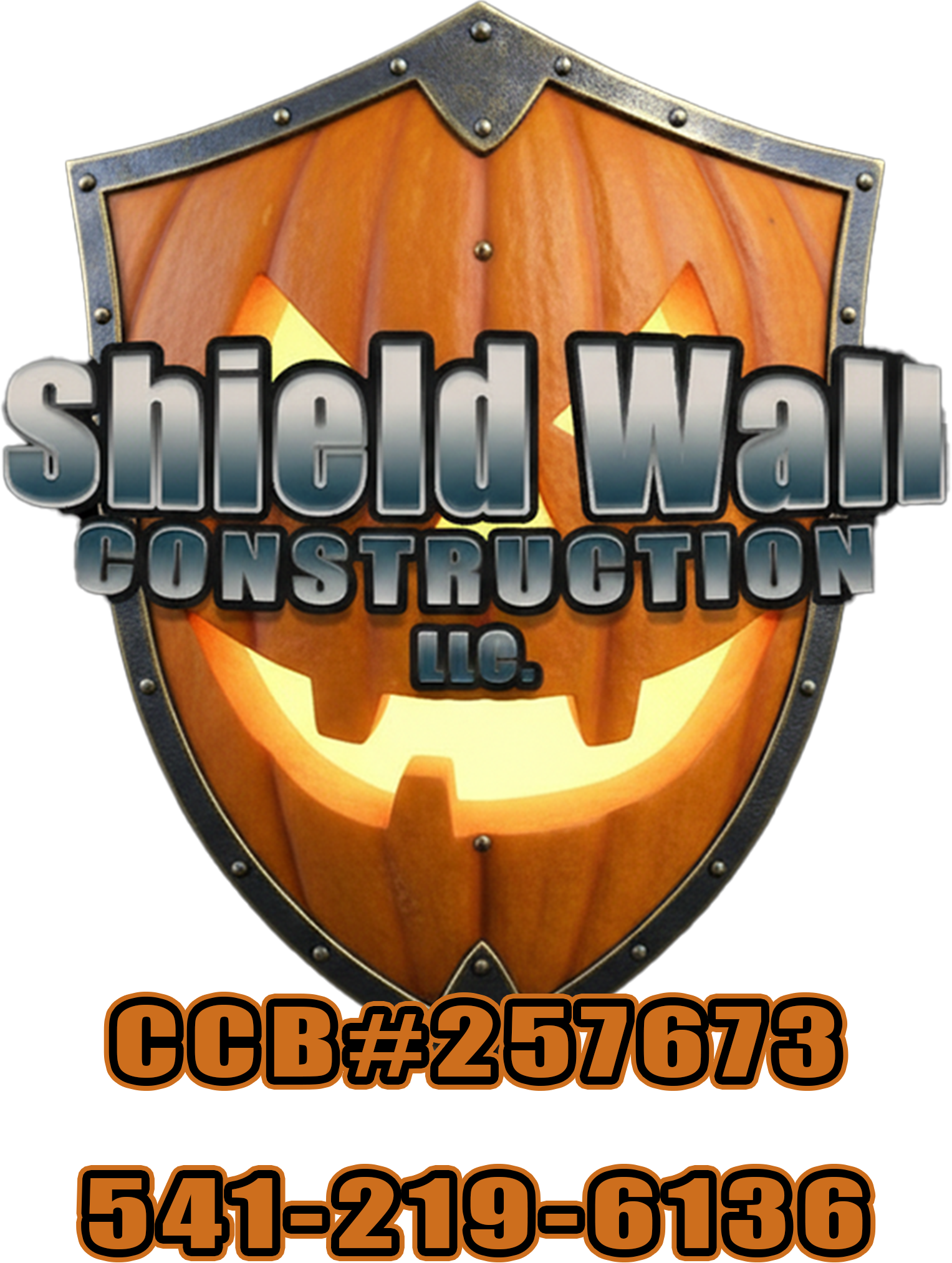 A shield with a carved pumpkin face, with the company name 'Shield Wall Construction LLC' over it. Customer and license info at the bottom.