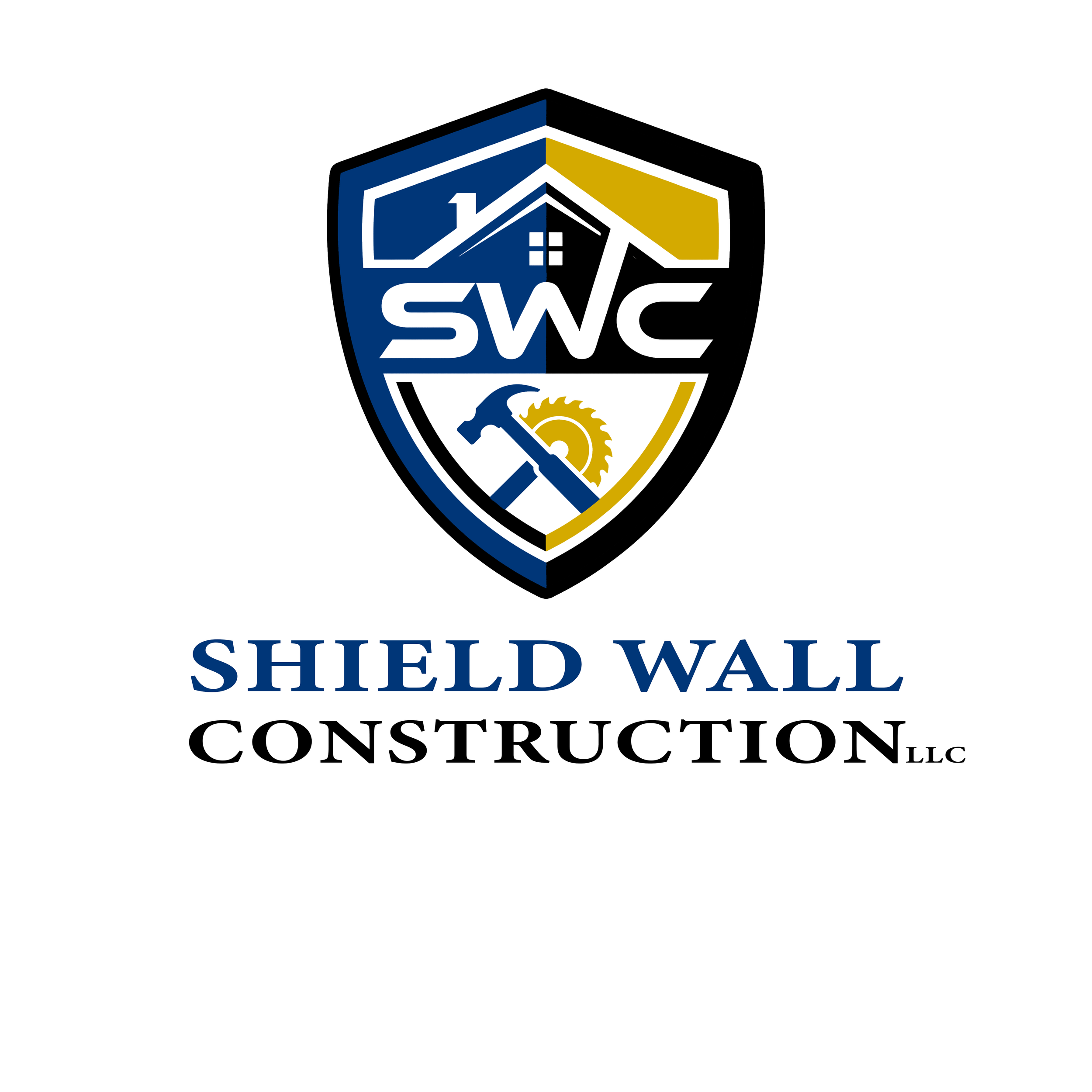 Logo for Shield Wall Construction LLC featuring a shield with a house roof, hammer, and saw, with the company's name below.