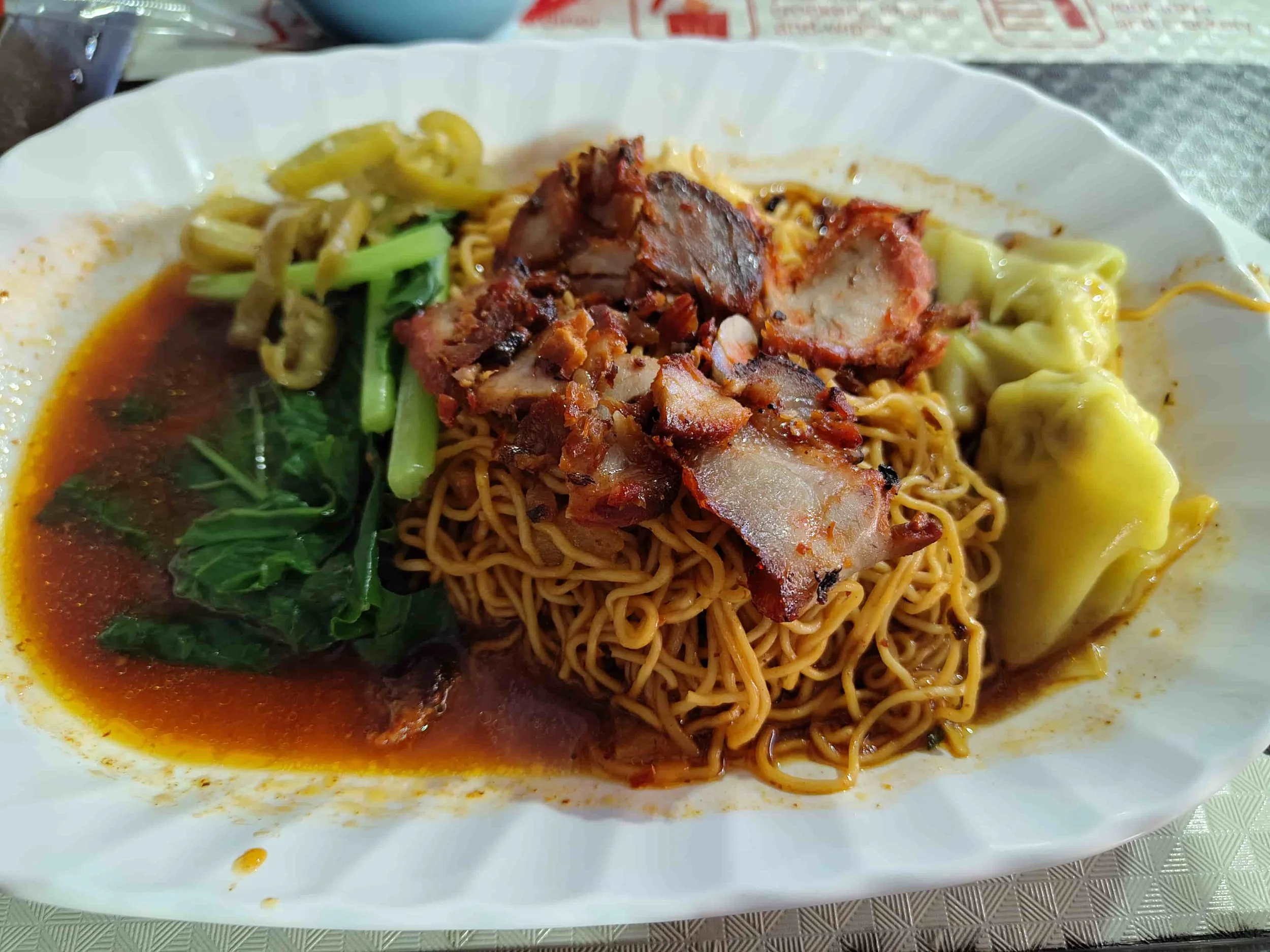 Wanton mee – Singapore egg noodles with char siu, wontons, and greens