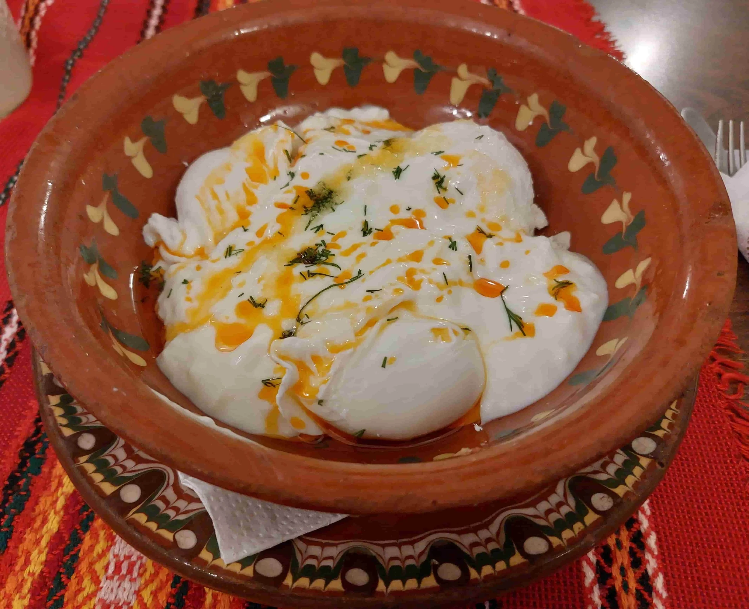 Panagyurishte-style eggs – poached eggs with yoghurt, cheese, and paprika butter