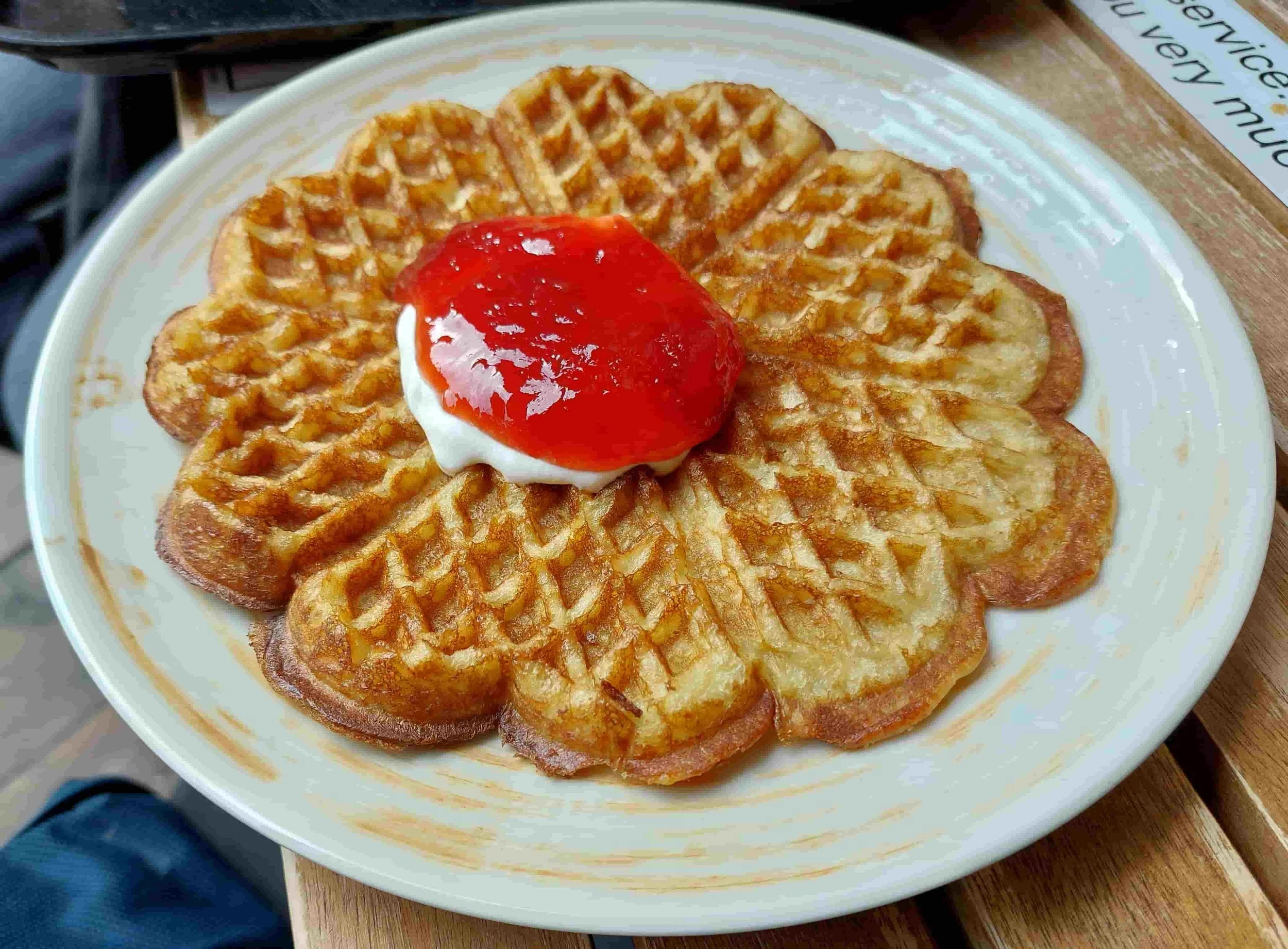 Traditional Norwegian heart-shaped waffles (hjertevafler) served with sour cream and strawberry jam.