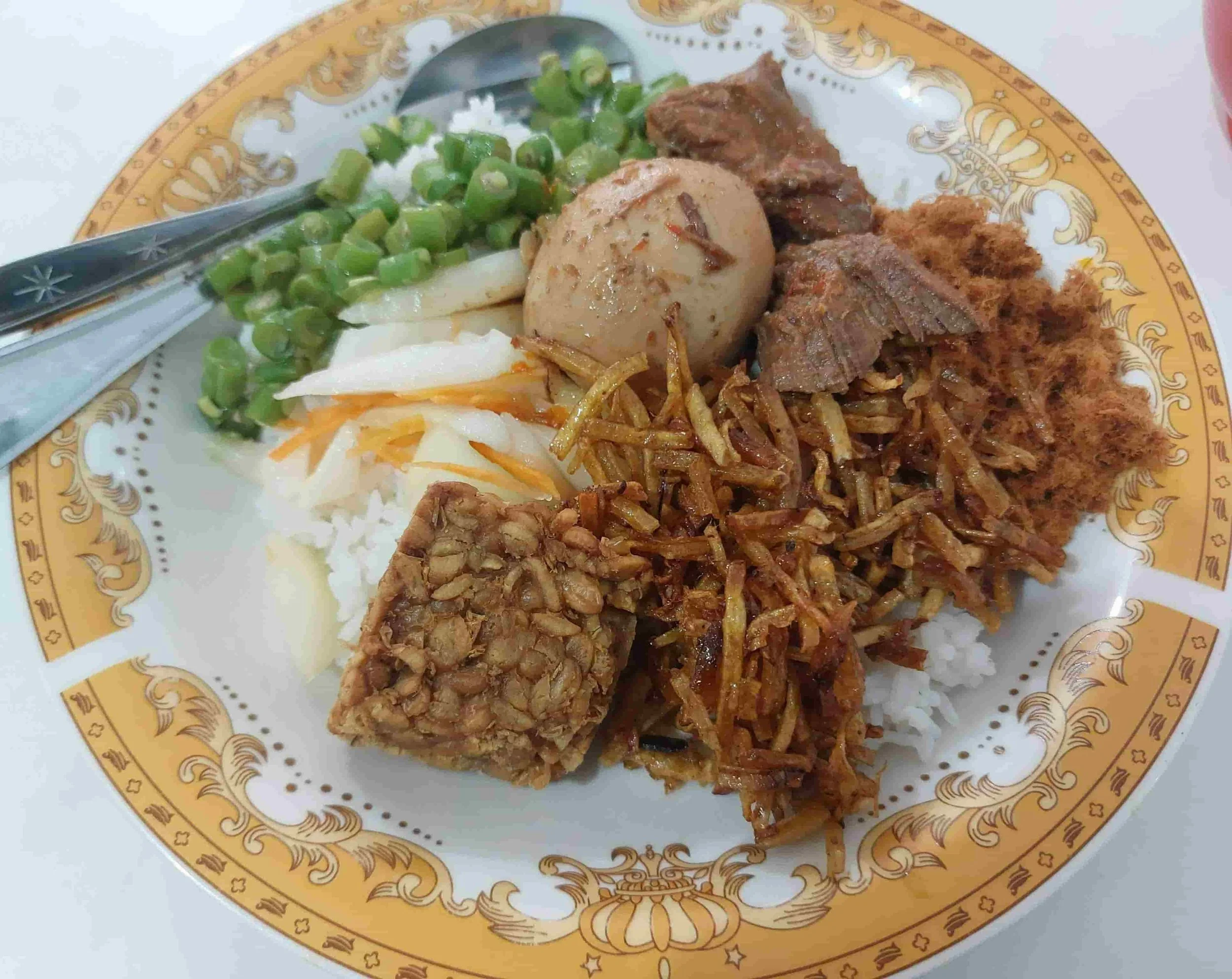 Indonesian mixed rice with tempeh, vegetables, boiled egg, beef, and crispy kentang goreng serut potato bits