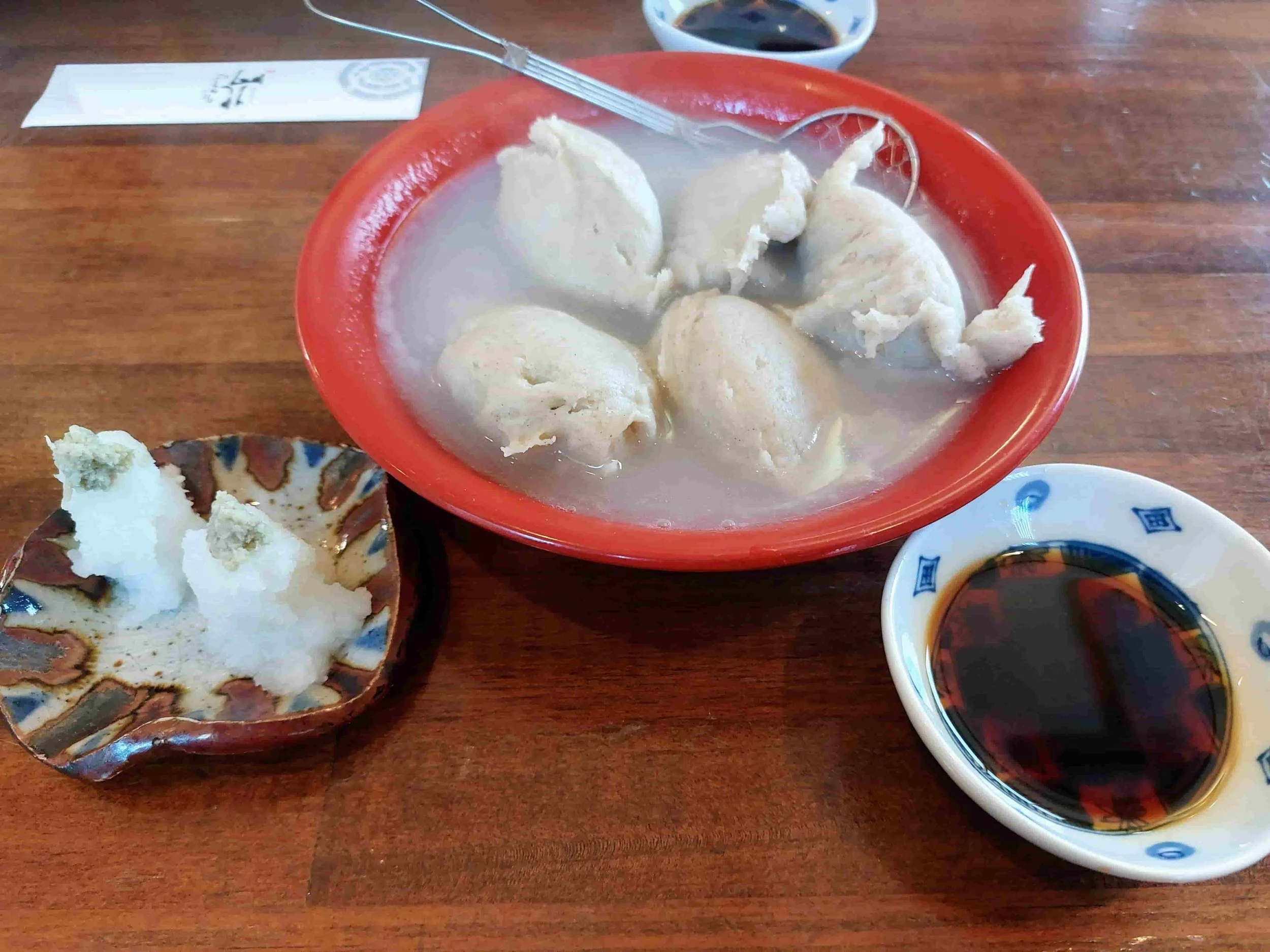 Plate of sobagaki, steamed buckwheat dough often served with soy sauce or miso-based dipping sauce