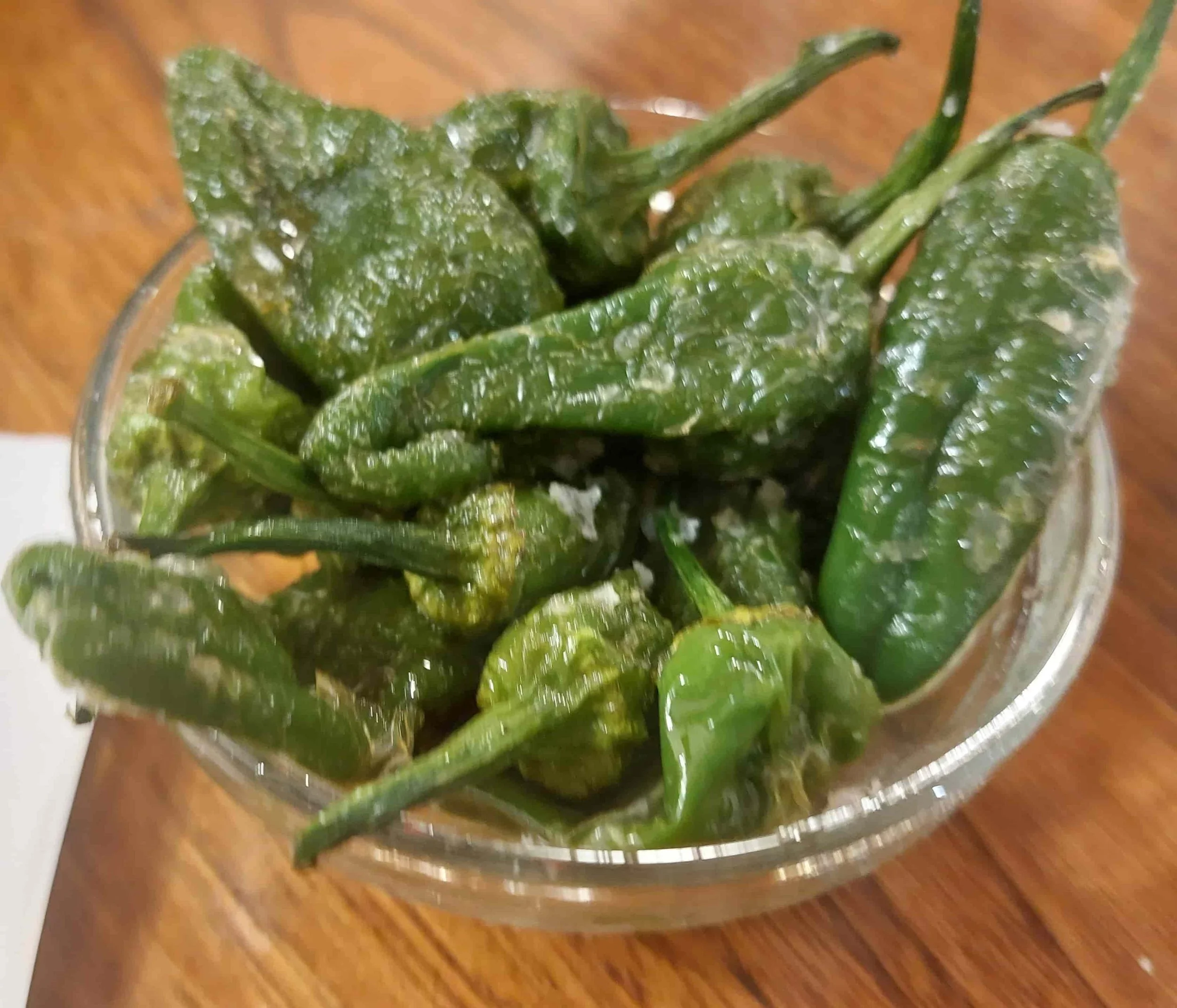 Spanish Pimientos de Padrón small green peppers fried and sprinkled with sea salt
