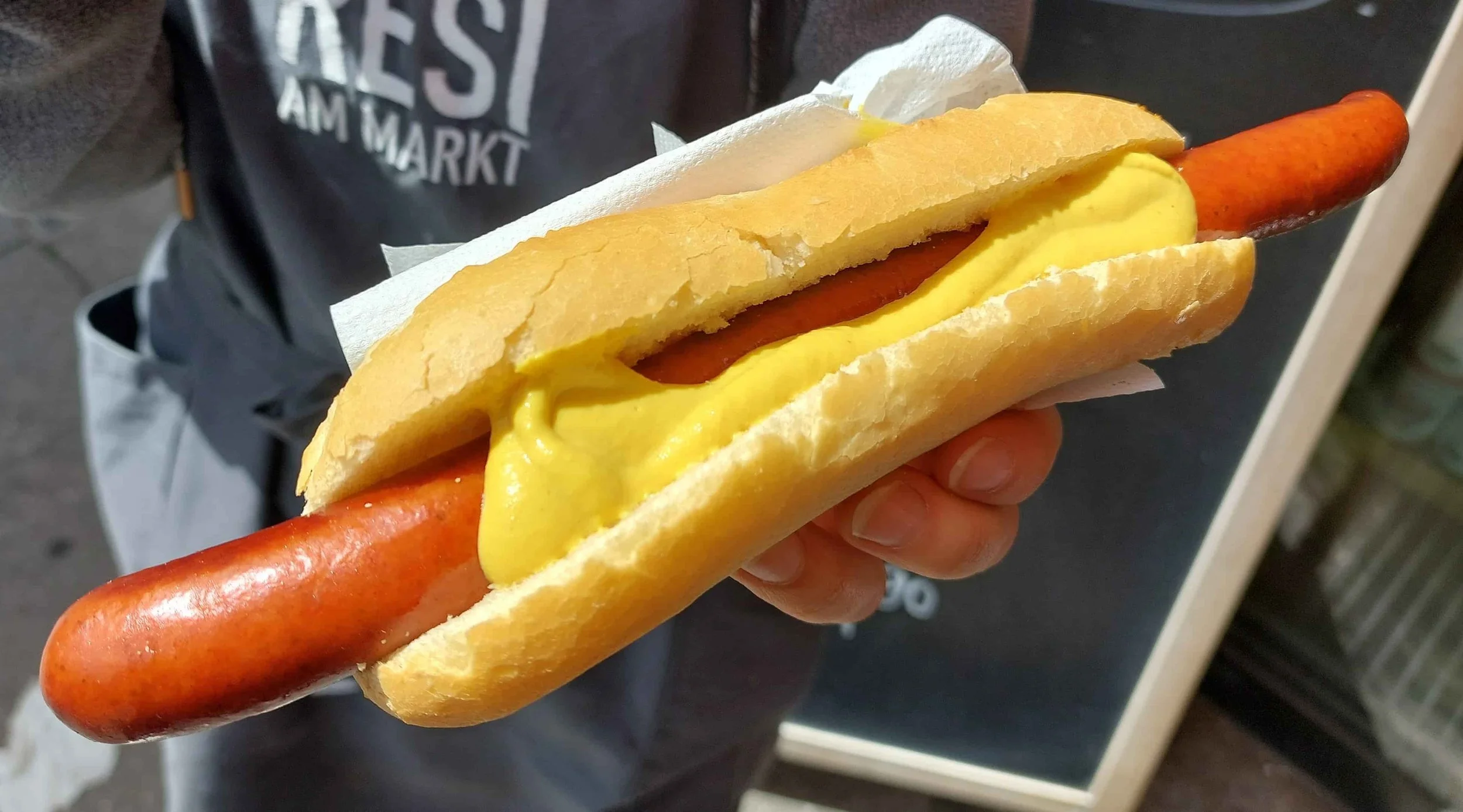 German Bratwurst grilled sausage served with mustard traditional dish