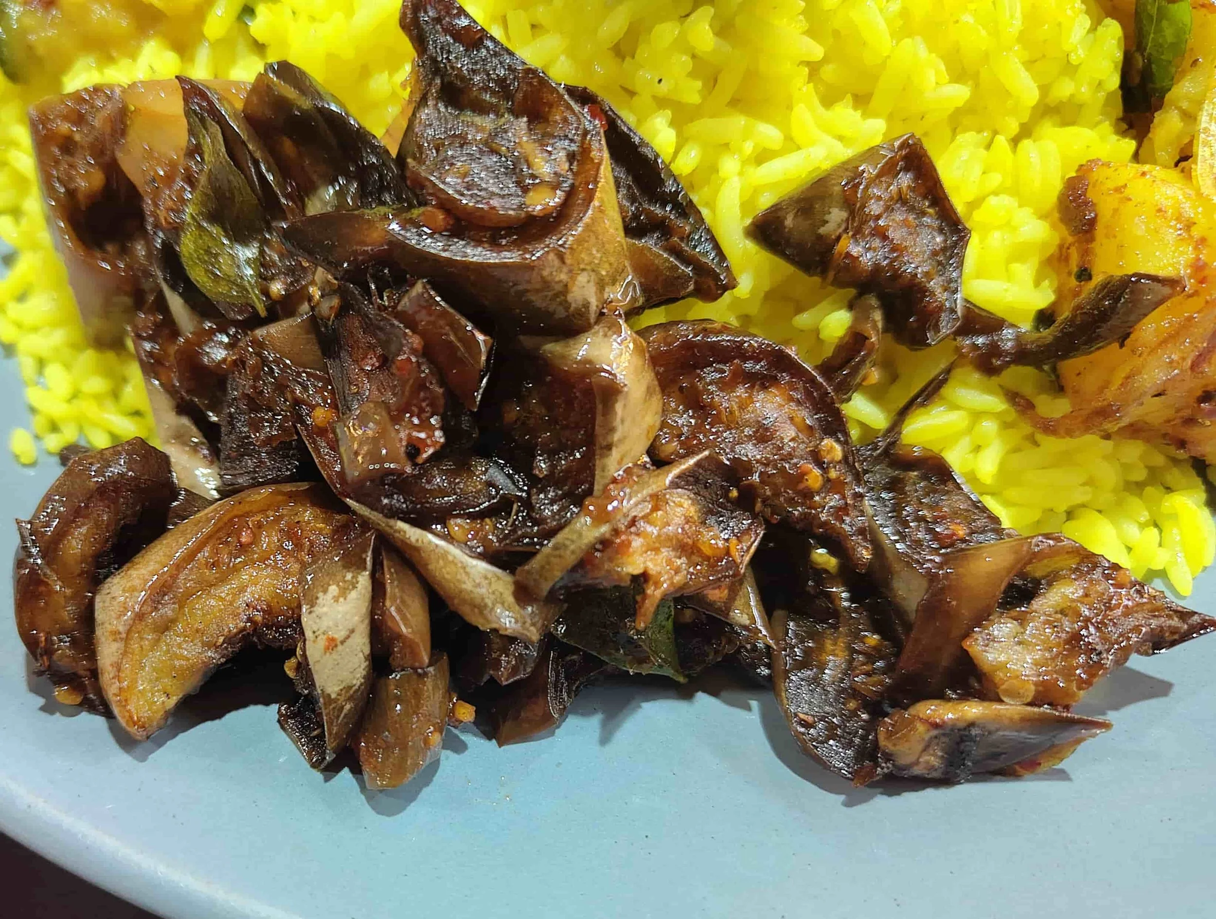 Wambatu moju – Sri Lankan sweet and sour eggplant pickle served as part of a traditional rice and curry meal