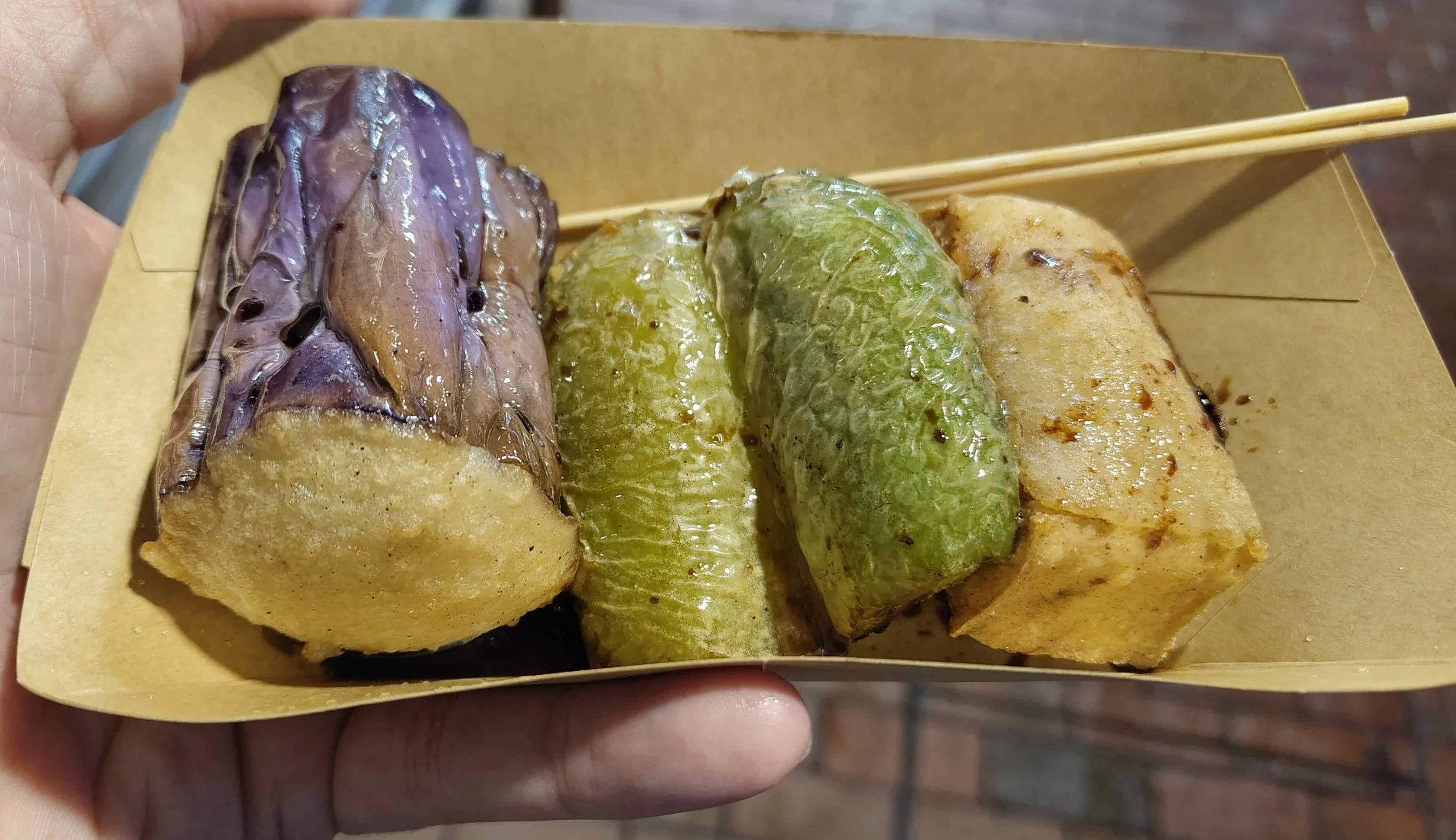 Stuffed three treasures – Hong Kong-style stuffed aubergine, green pepper, and tofu