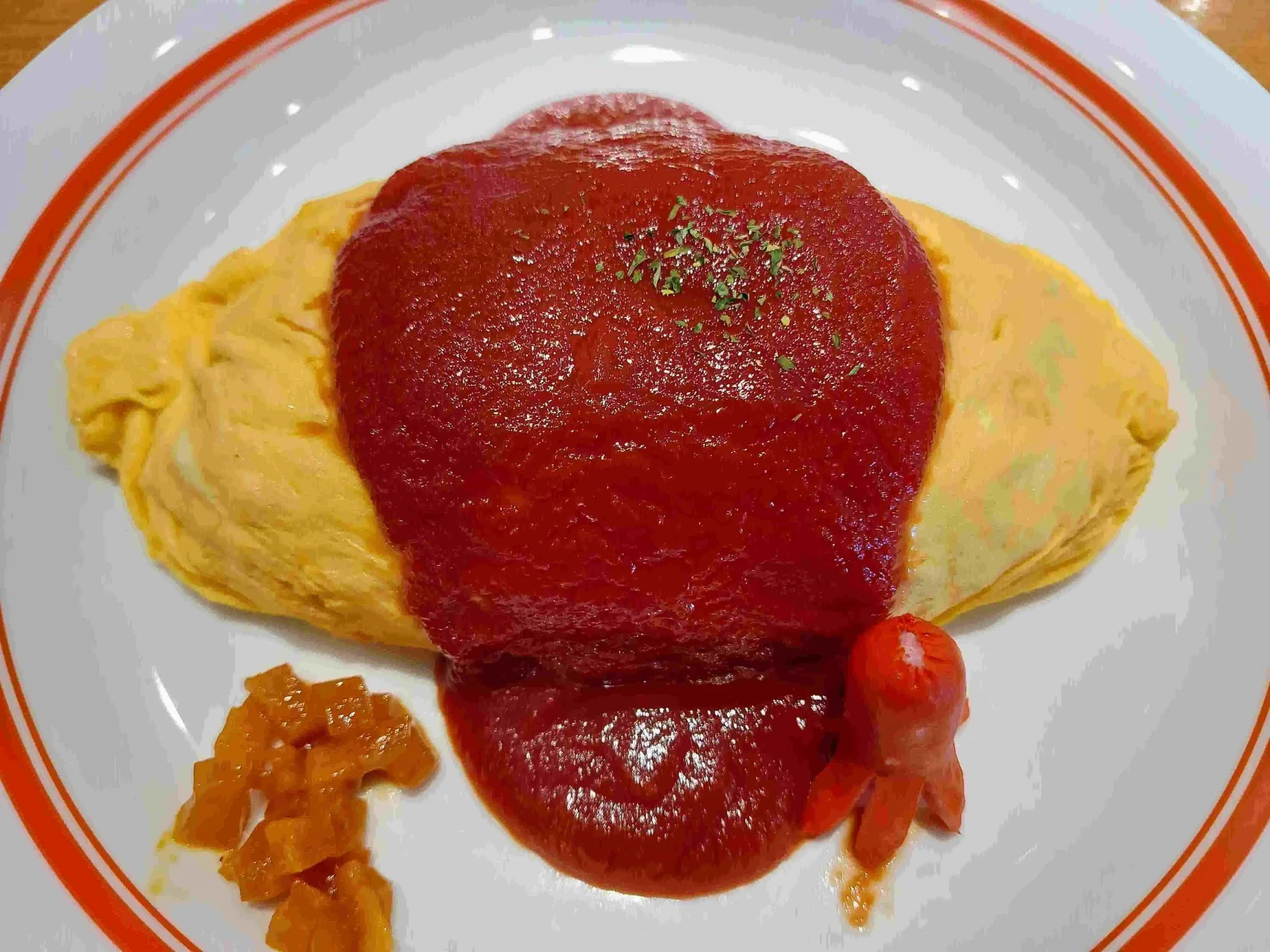 Japanese omuraisu – fluffy omelette wrapped over fried rice with ketchup sauce