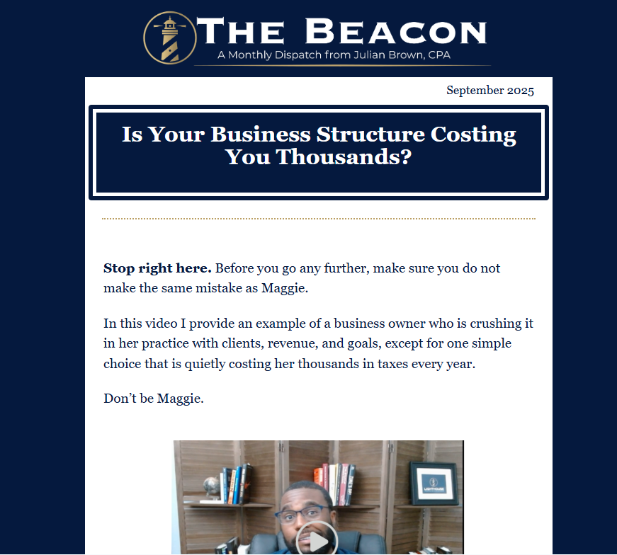 Screenshot of a newsletter titled "The Beacon" with a lighthouse logo, dated September 2025, discussing business structure costing. The newsletter features a video thumbnail of a man with glasses and a beard sitting in front of a bookshelf.
