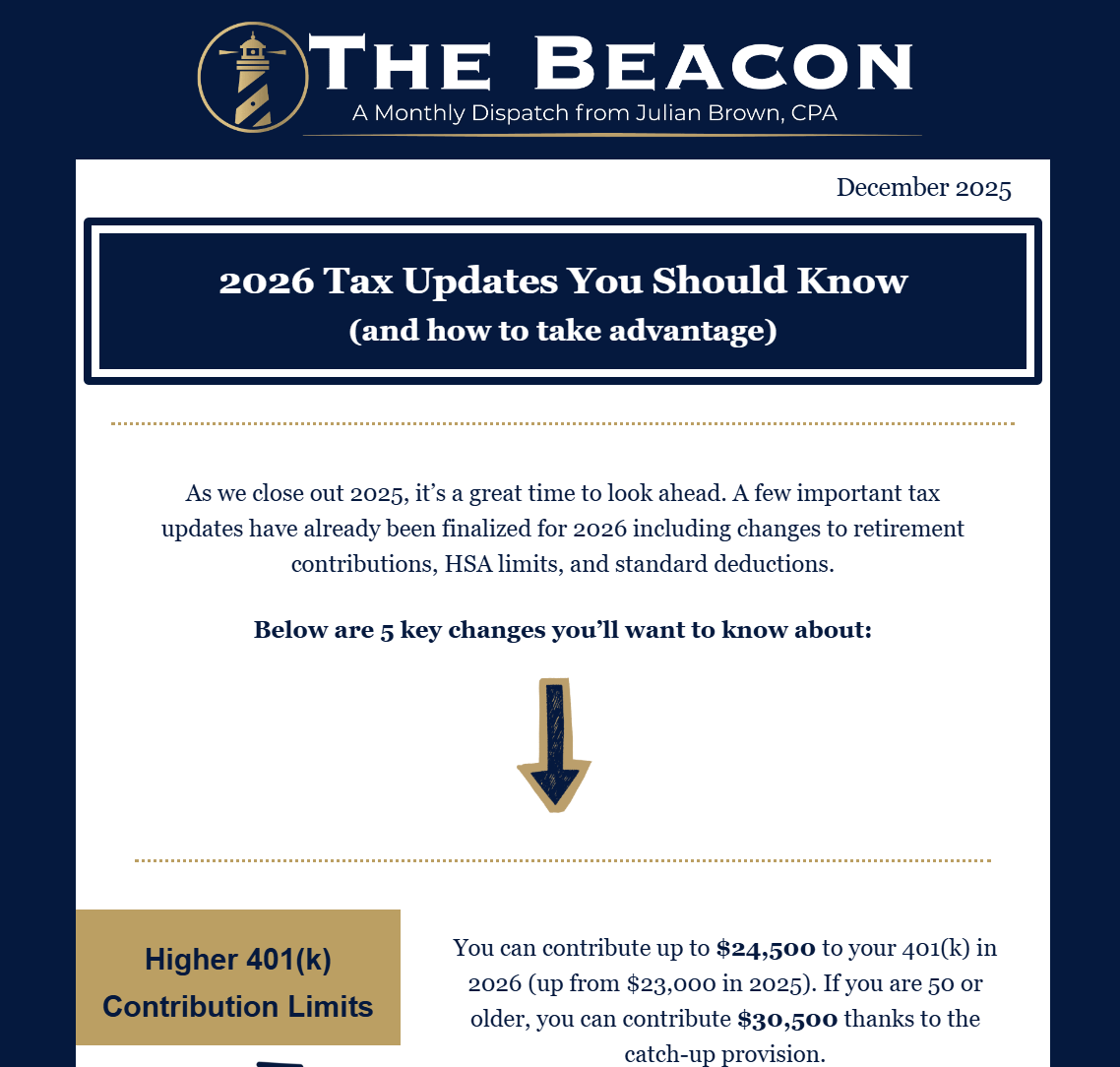 Newsletter titled "The Beacon," December 2025 edition, discussing 2026 tax updates including higher 401(k) contribution limits, with a navy blue and gold color scheme and a lighthouse logo.