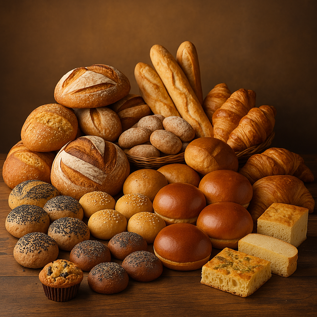 A variety of baked goods including bread, sourdough, baguettes, rolls, croissants, muffins, and pastries displayed on a wooden surface.