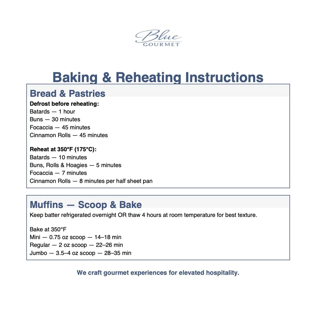Baking and reheating instructions for Blue Gourmet bread and pastries, including defrosting, reheating, and muffin baking details.