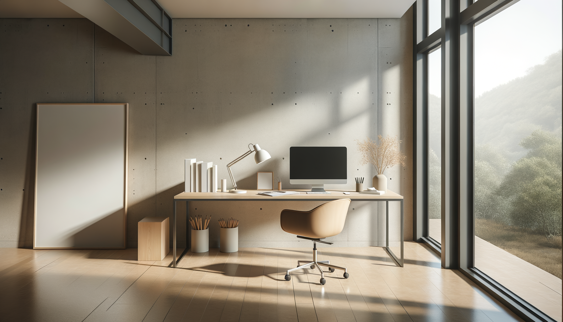 Minimalist office space with large windows, featuring a wooden desk with a computer monitor, desk lamp, books, and decorative items. A swivel chair is positioned in front of the desk. Sunlight streams through the windows, illuminating the room.