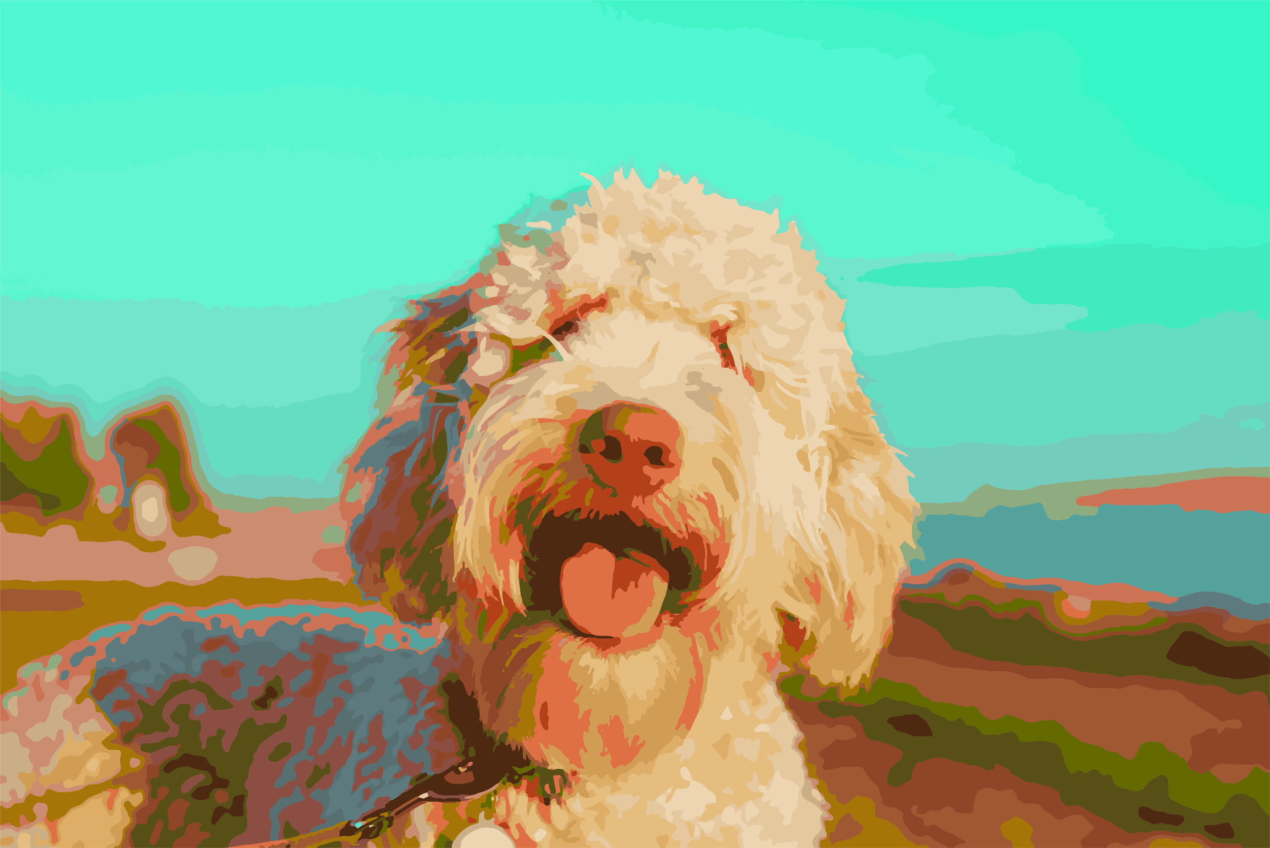 Modern custom pet portrait of labradoodle in bold acrylic color
