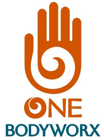 A stylized hand with a spiral in the palm, the word 'ONE' integrated into the design, and the text 'BODYWORX' below.
