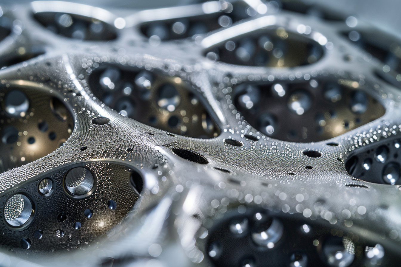 Microscopic view of platinum-iridium catalyst bed for satellite thruster showing ceramic substrate with metallic coating and propellant flow architecture